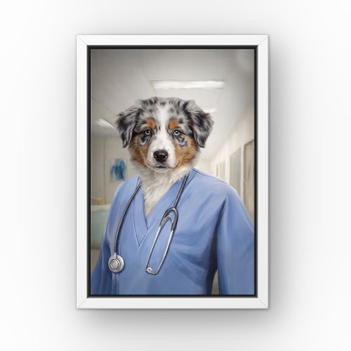 The Nurse custom pet canvas in a white floating frame