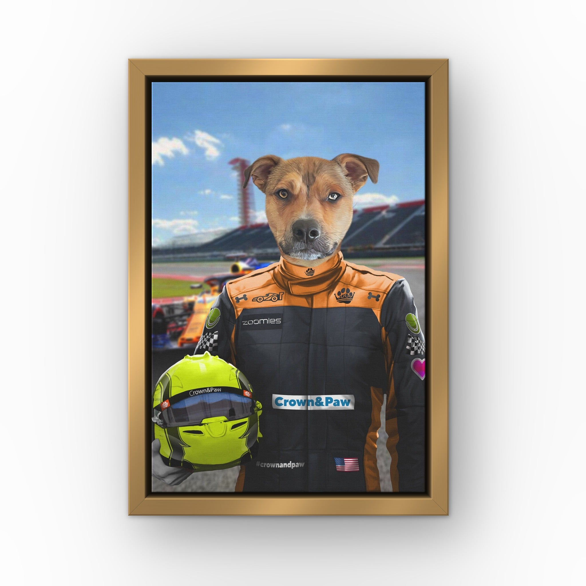 The Orange Driver custom pet canvas in a gold floating frame