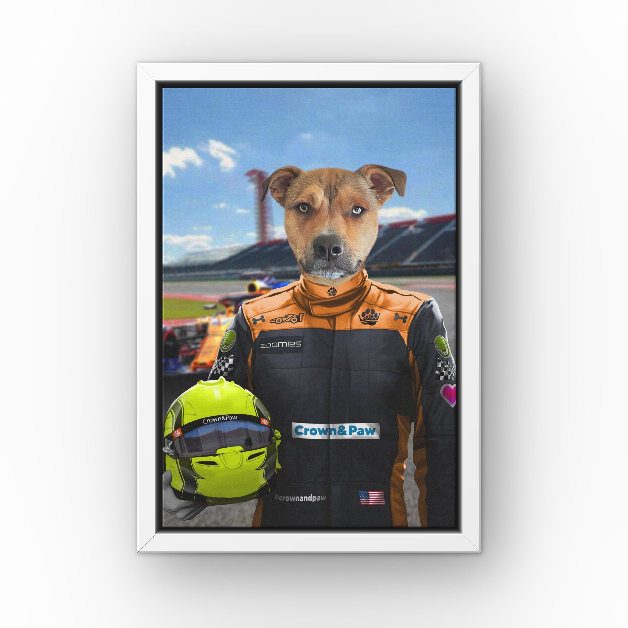 The Orange Driver custom pet canvas in a white floating frame