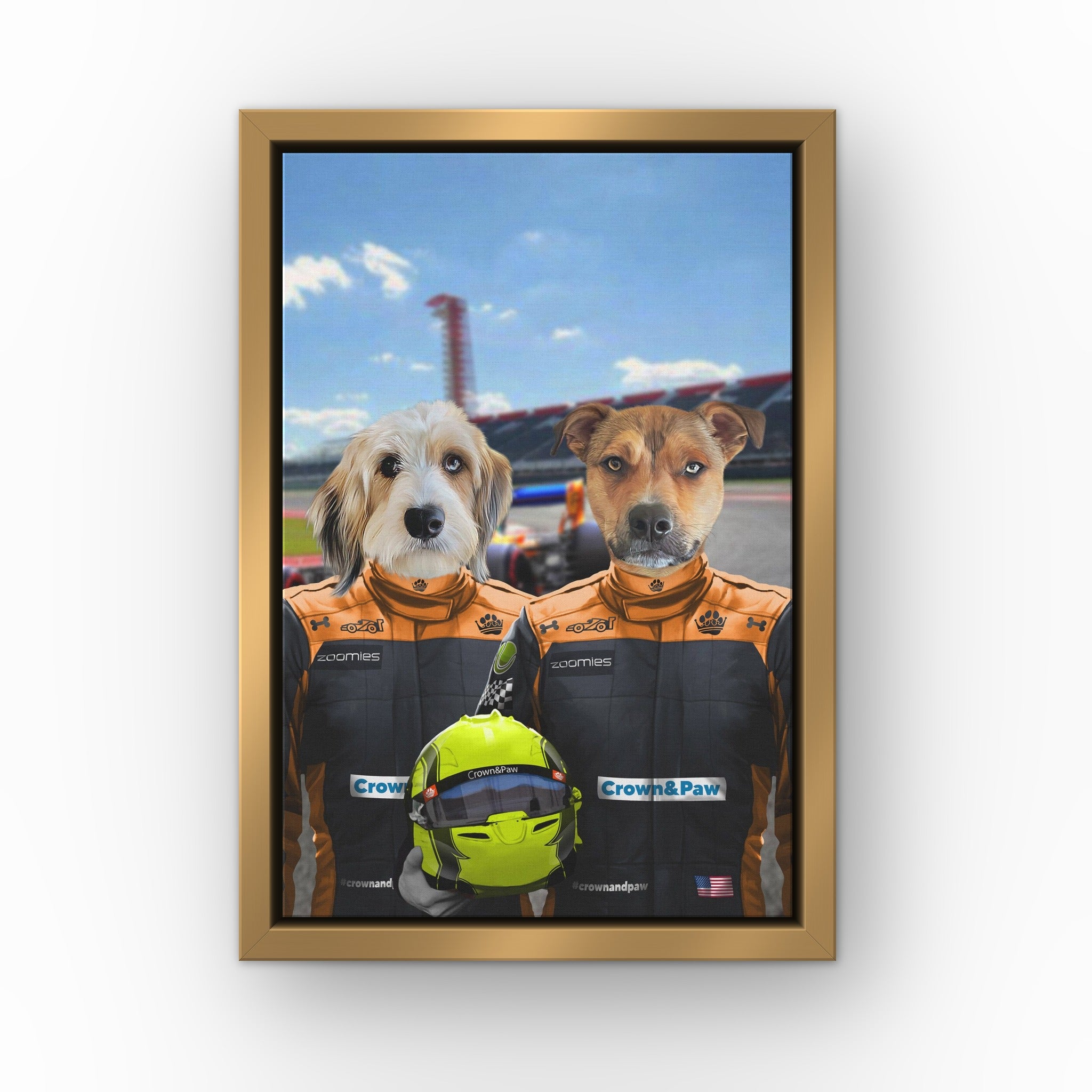 The Orange Drivers custom pet canvas in a gold floating frame