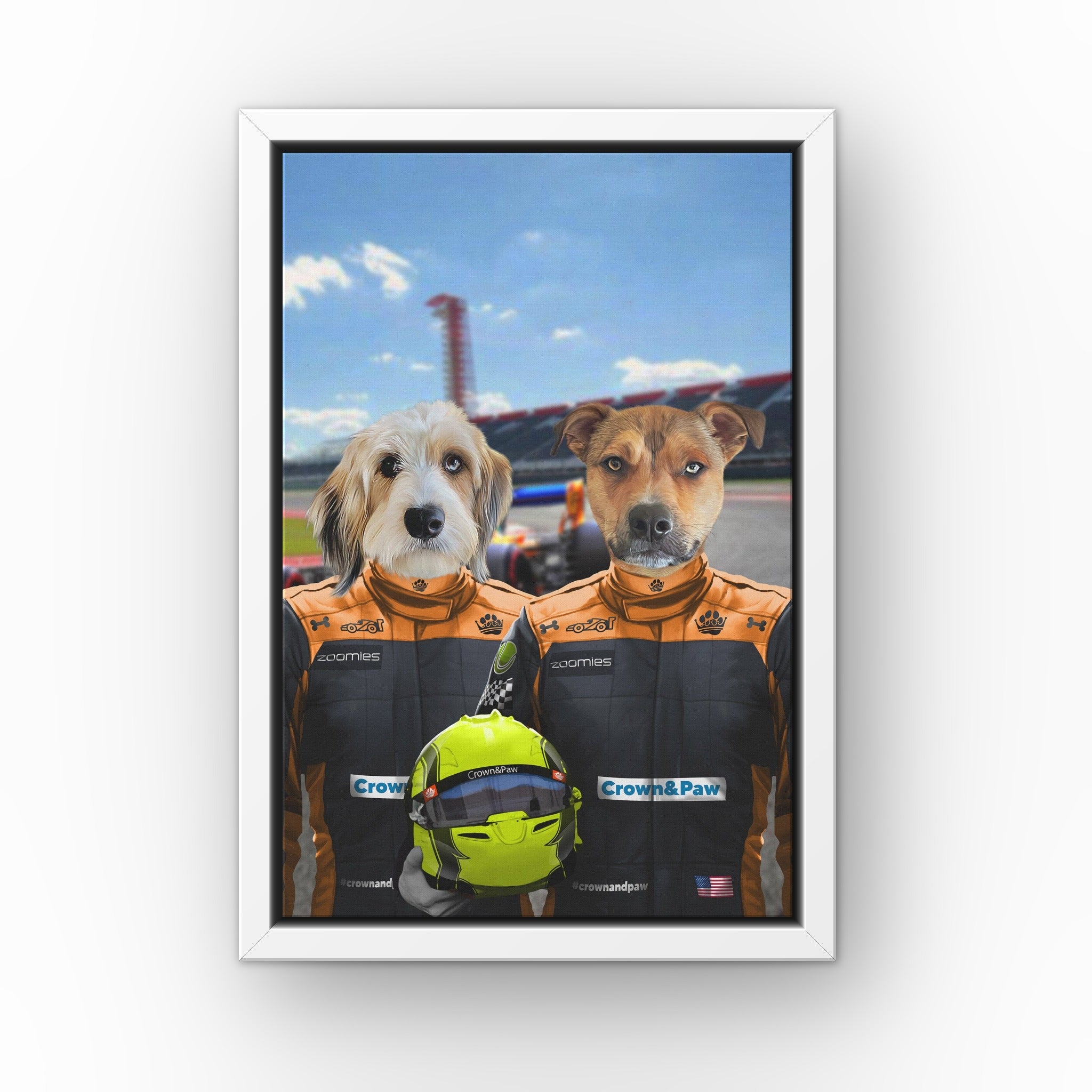 The Orange Drivers custom pet canvas in a white floating frame