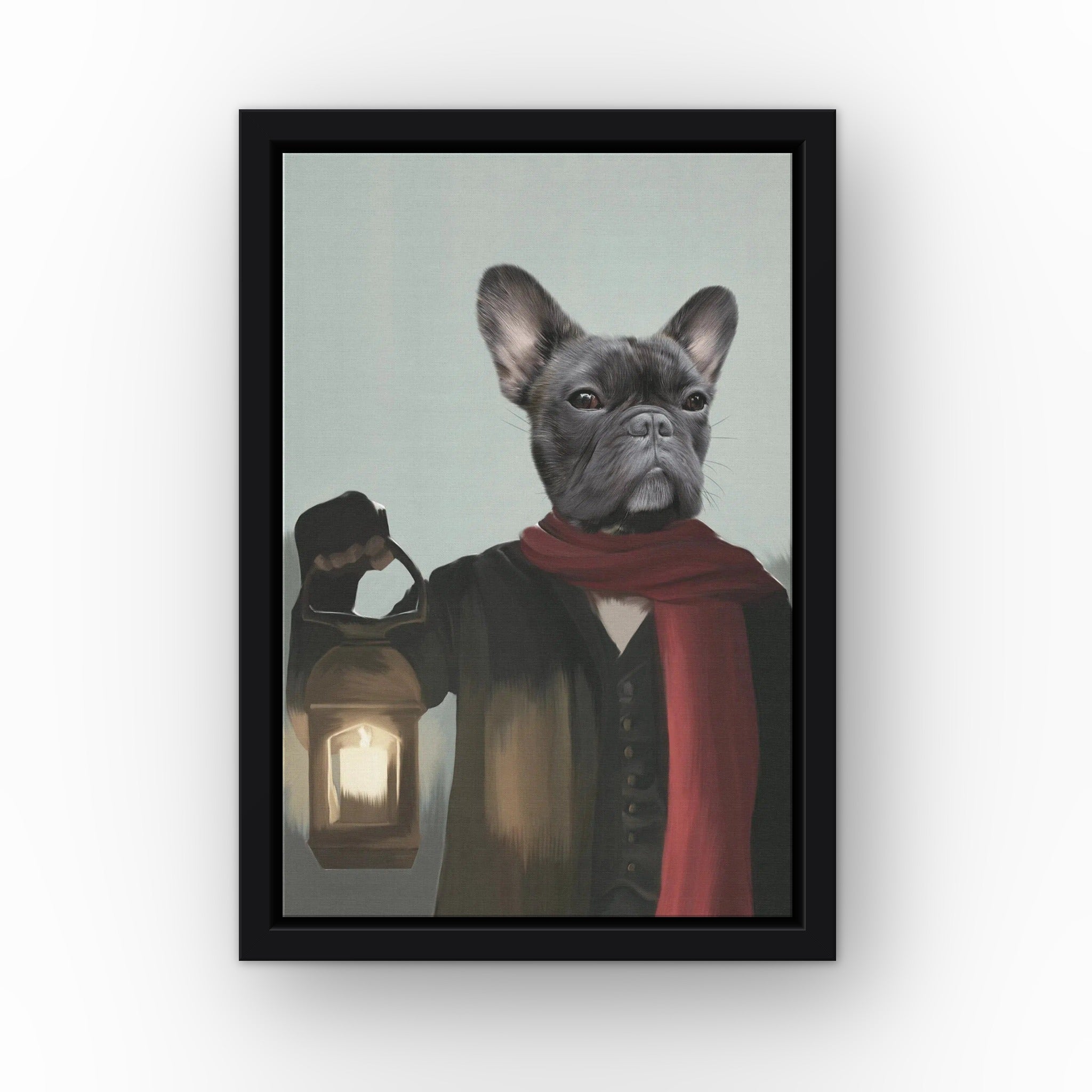 The Pauper custom pet canvas in a black floating frame