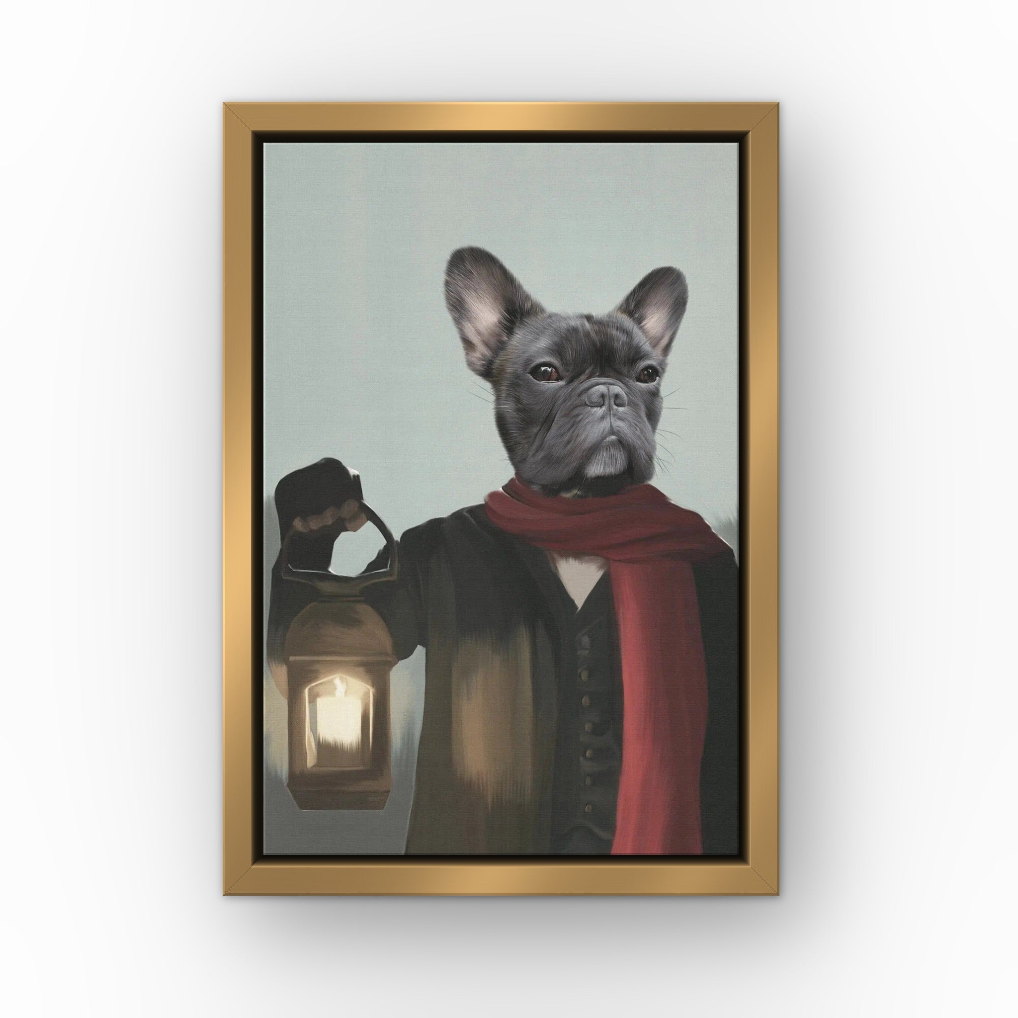 The Pauper custom pet canvas in a gold floating frame