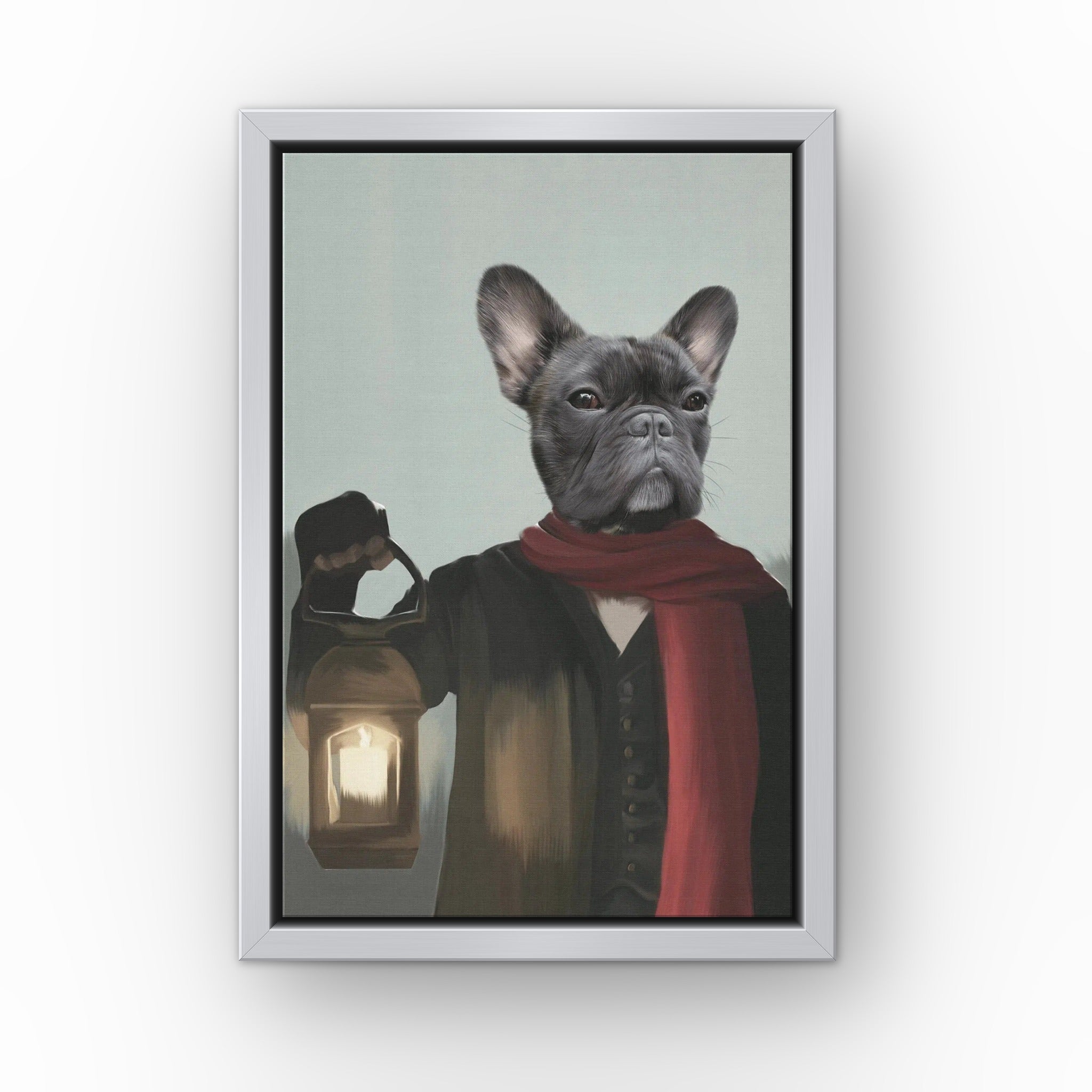 The Pauper custom pet canvas in a silver floating frame
