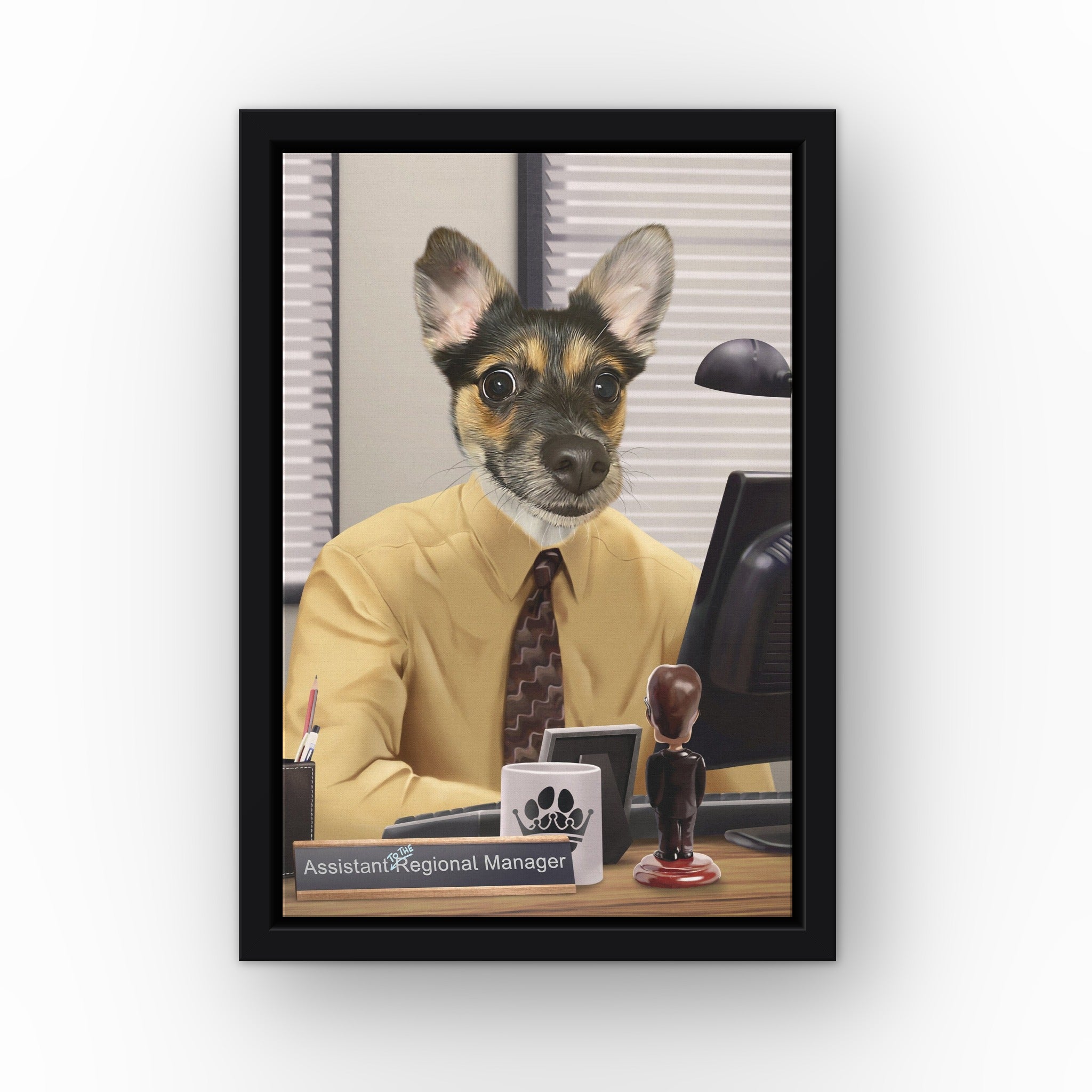 The Pawssistant Manager custom pet canvas in a black floating frame