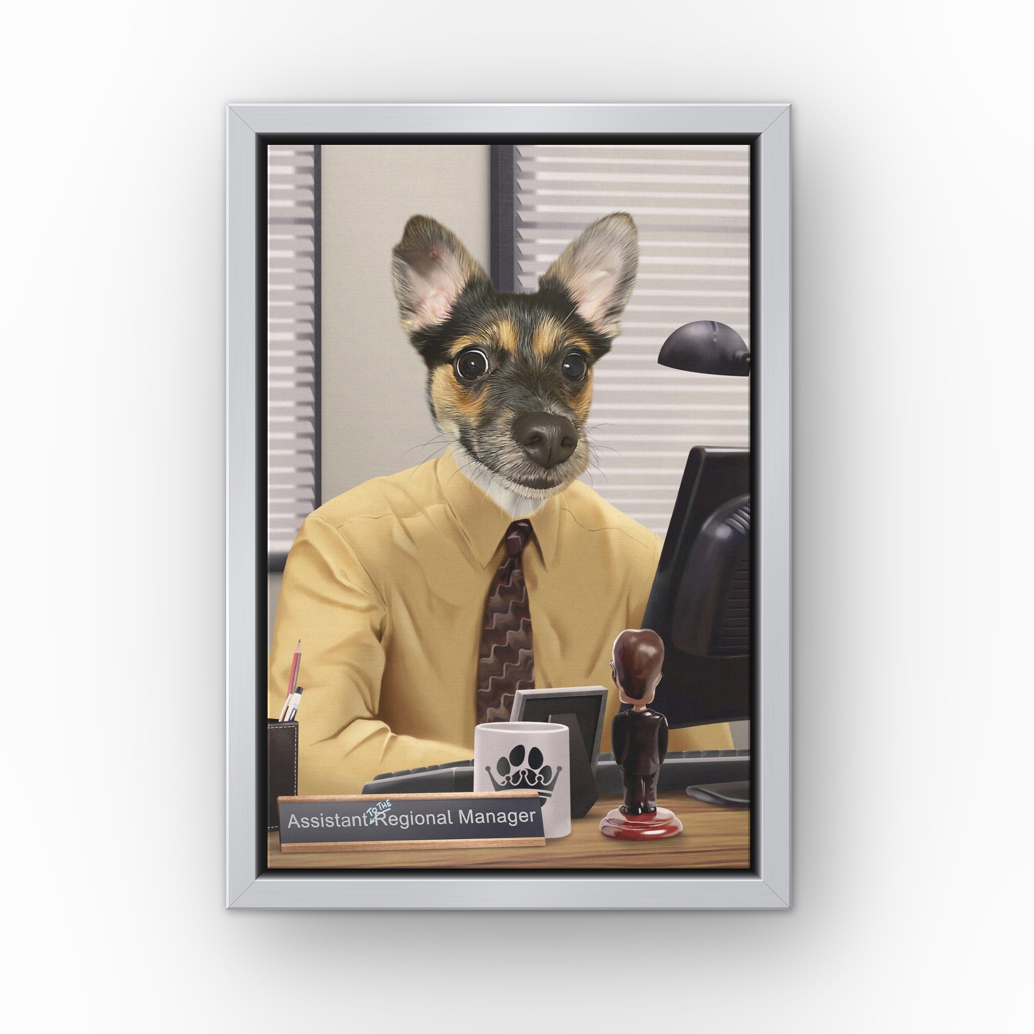 The Pawssistant Manager custom pet canvas in a silver floating frame