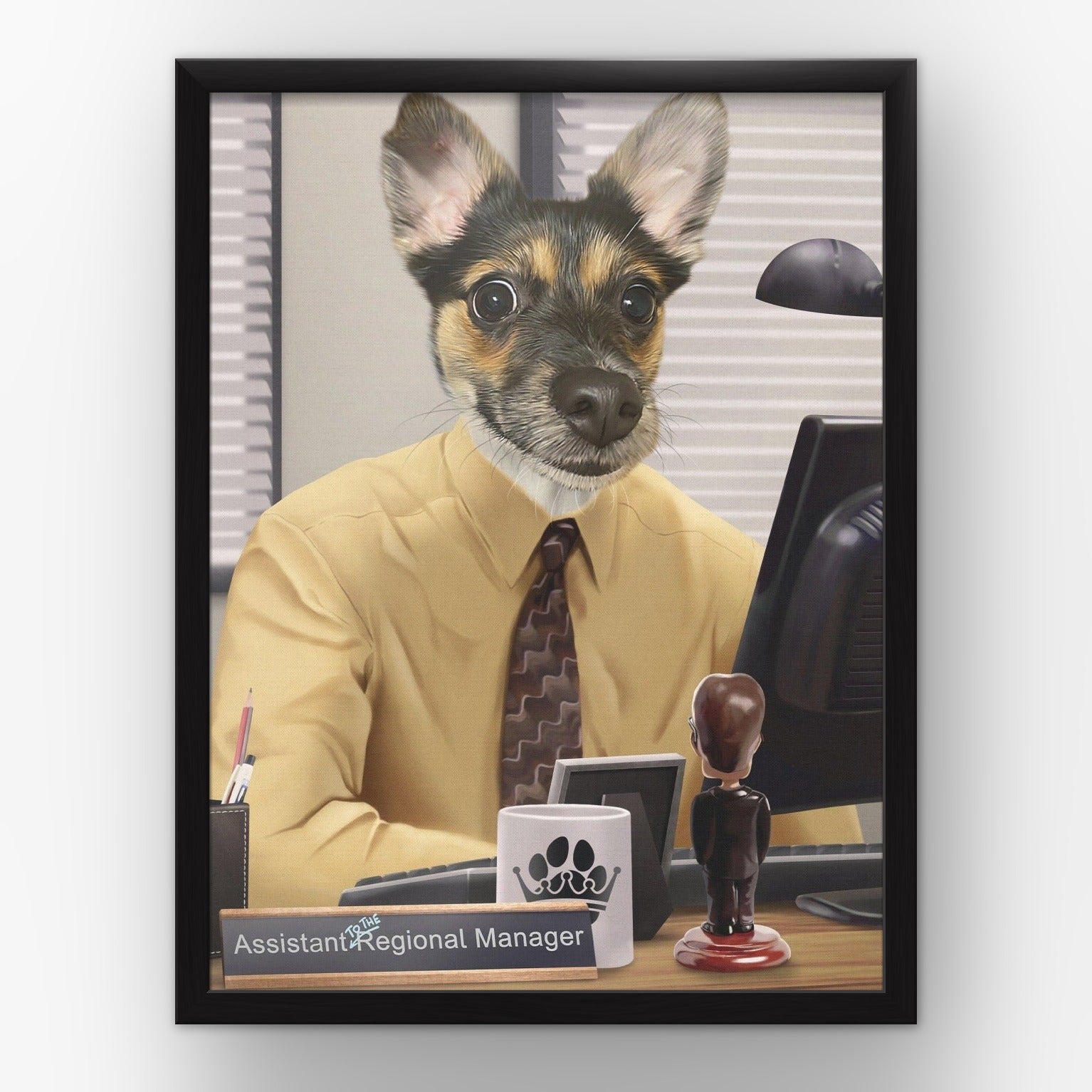 The Pawssistant Manager custom pet poster in a black frame