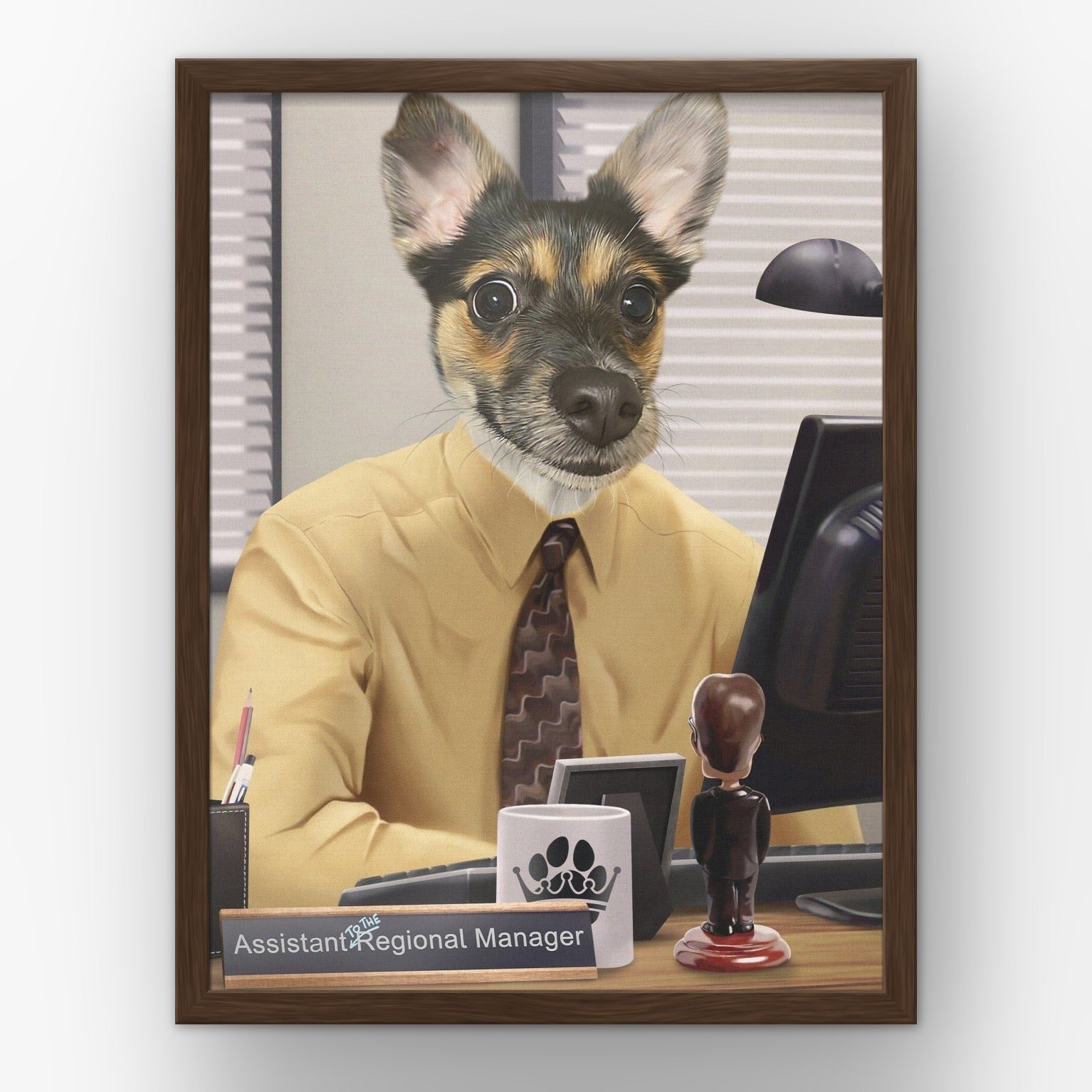 The Pawssistant Manager custom pet poster in a walnut frame