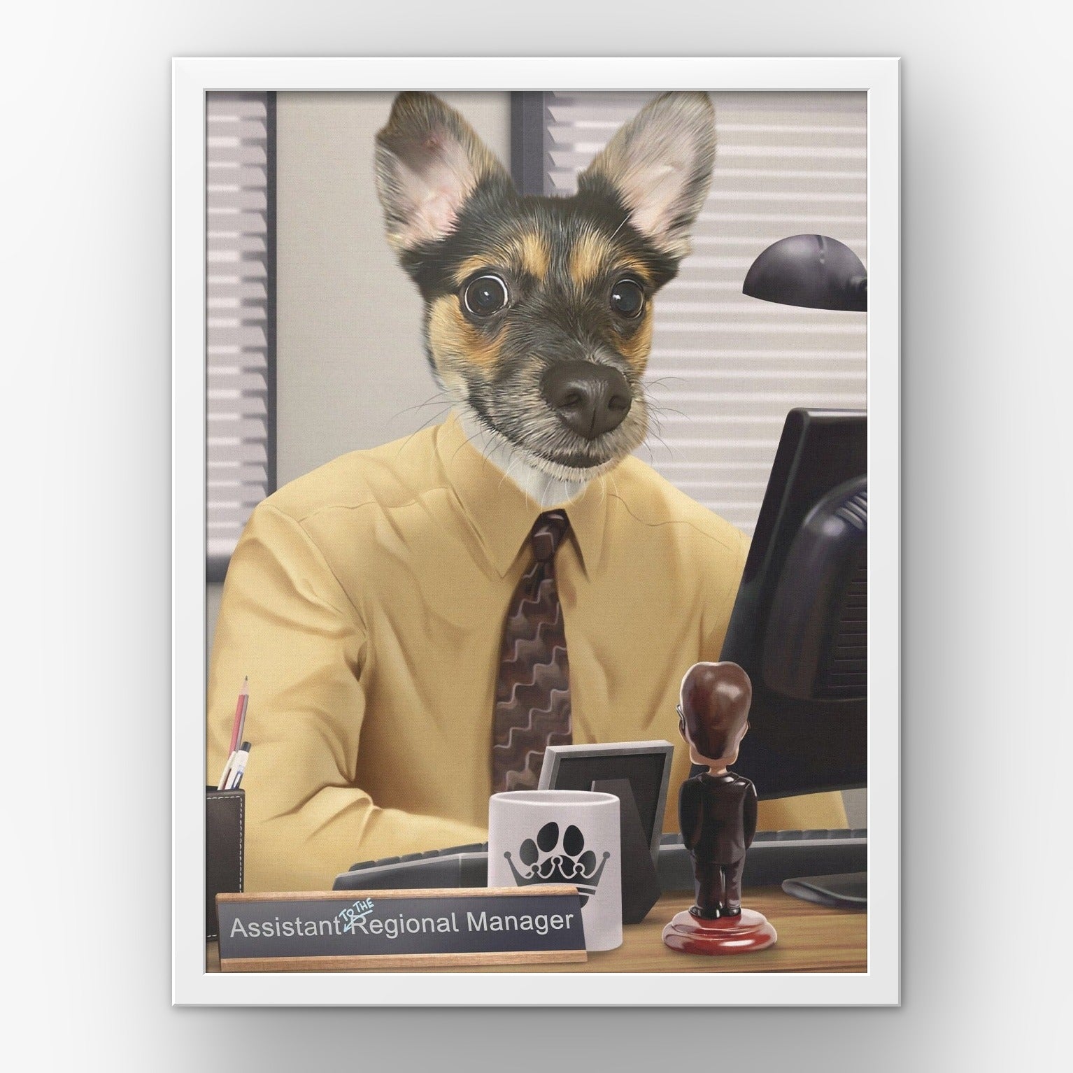 The Pawssistant Manager custom pet poster in a white frame