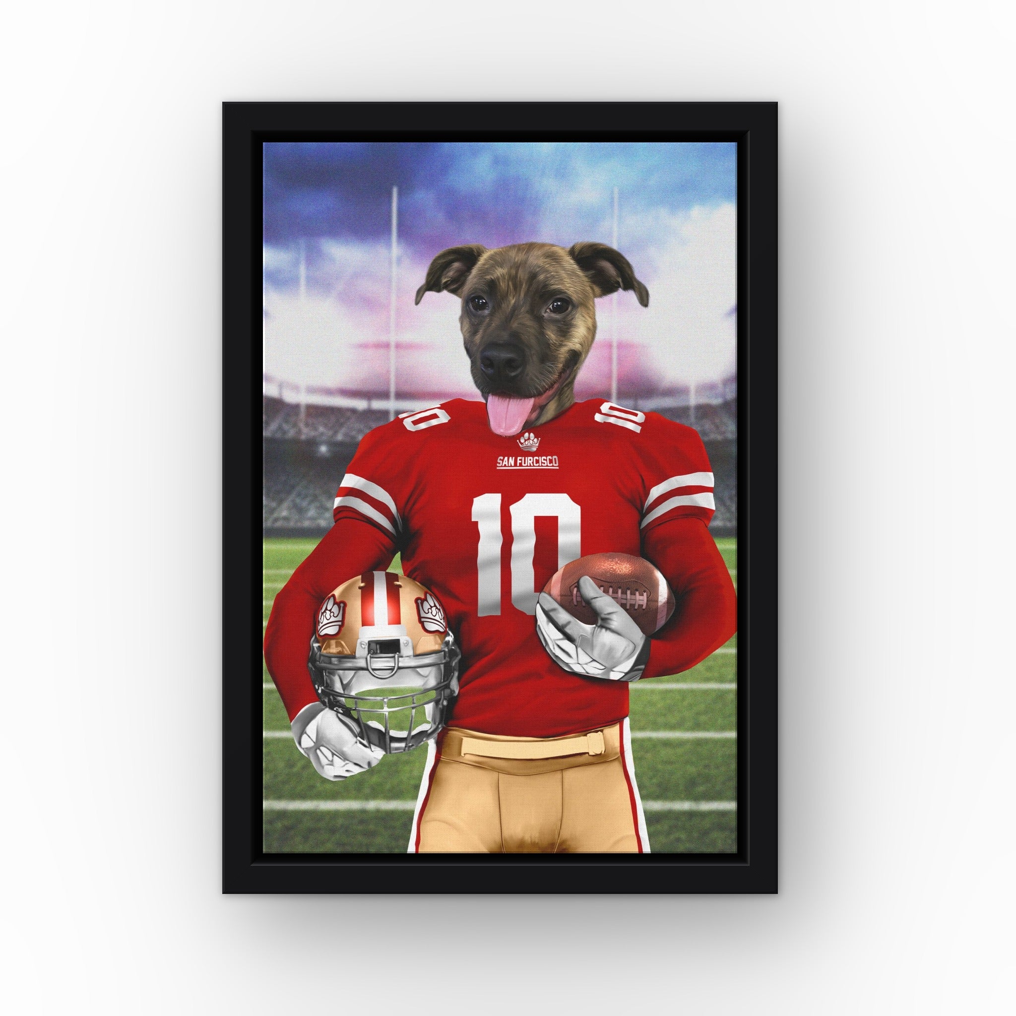 The Pawty Niners custom pet canvas in a black floating frame