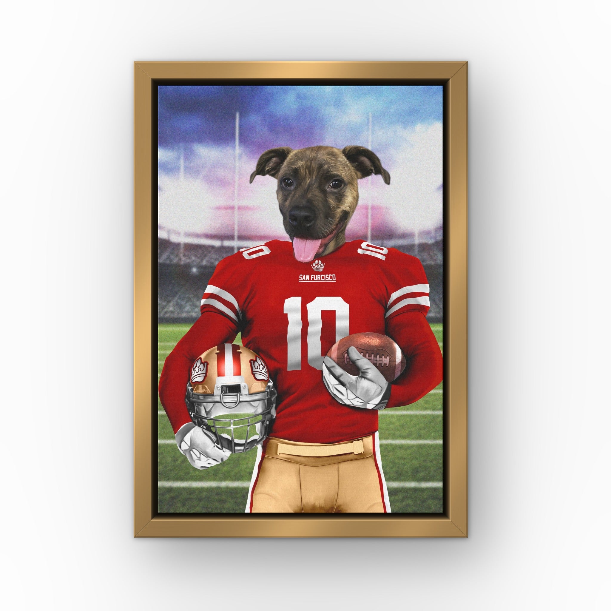 The Pawty Niners custom pet canvas in a gold floating frame