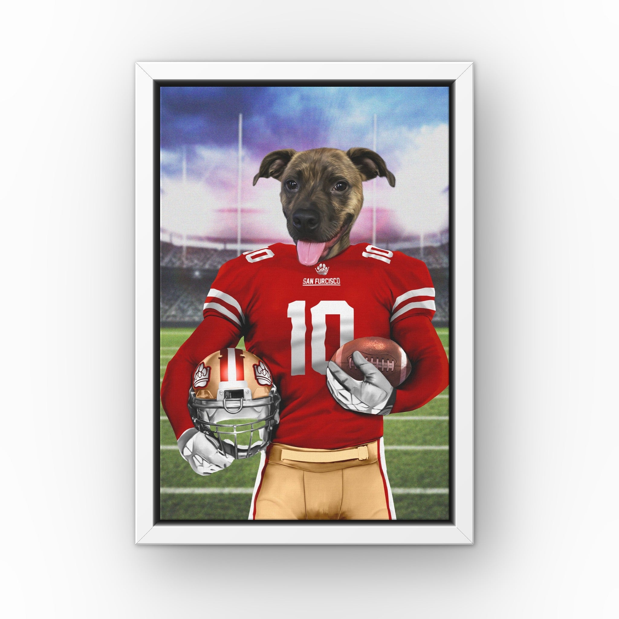 The Pawty Niners custom pet canvas in a white floating frame