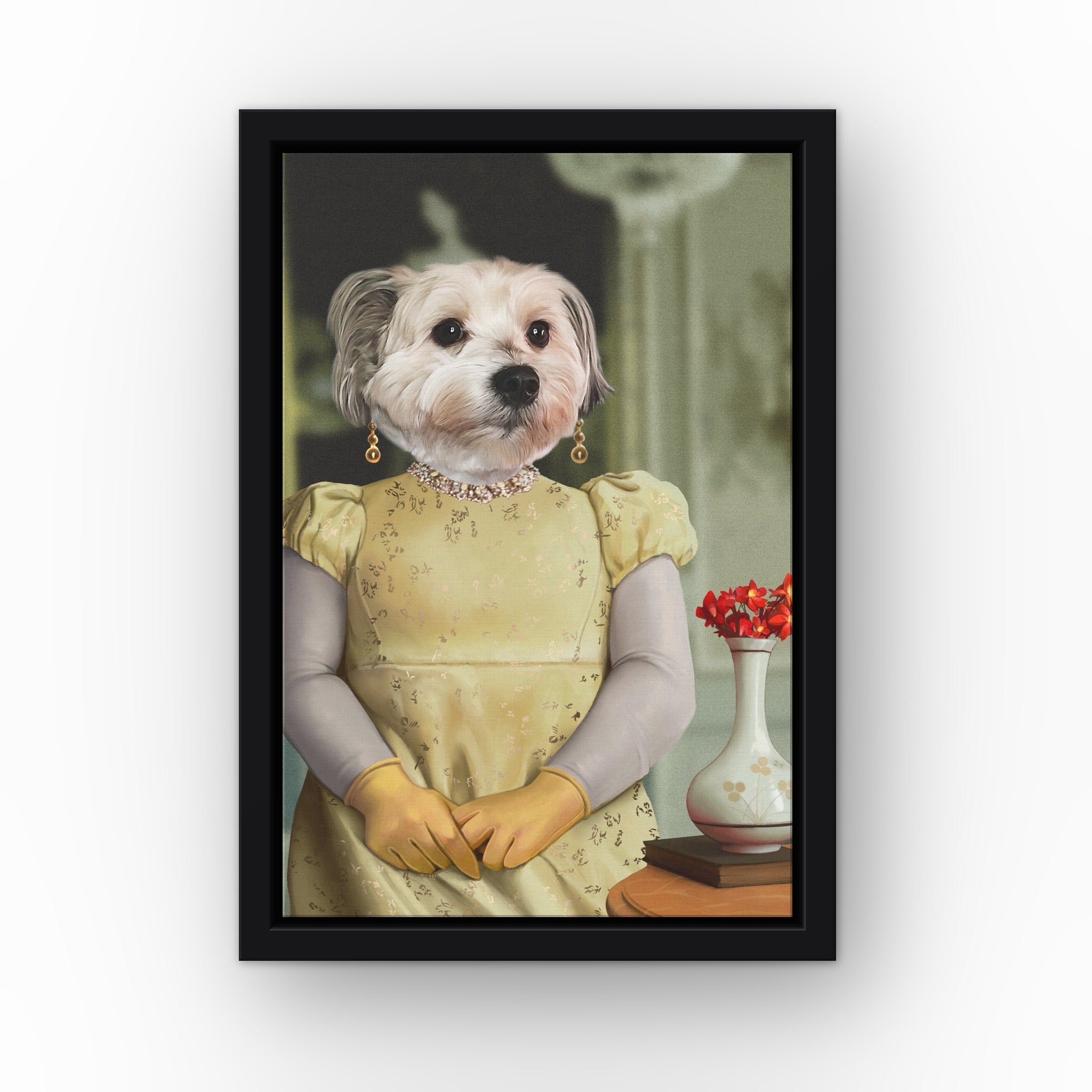 The Penelope custom pet canvas in a black floating frame