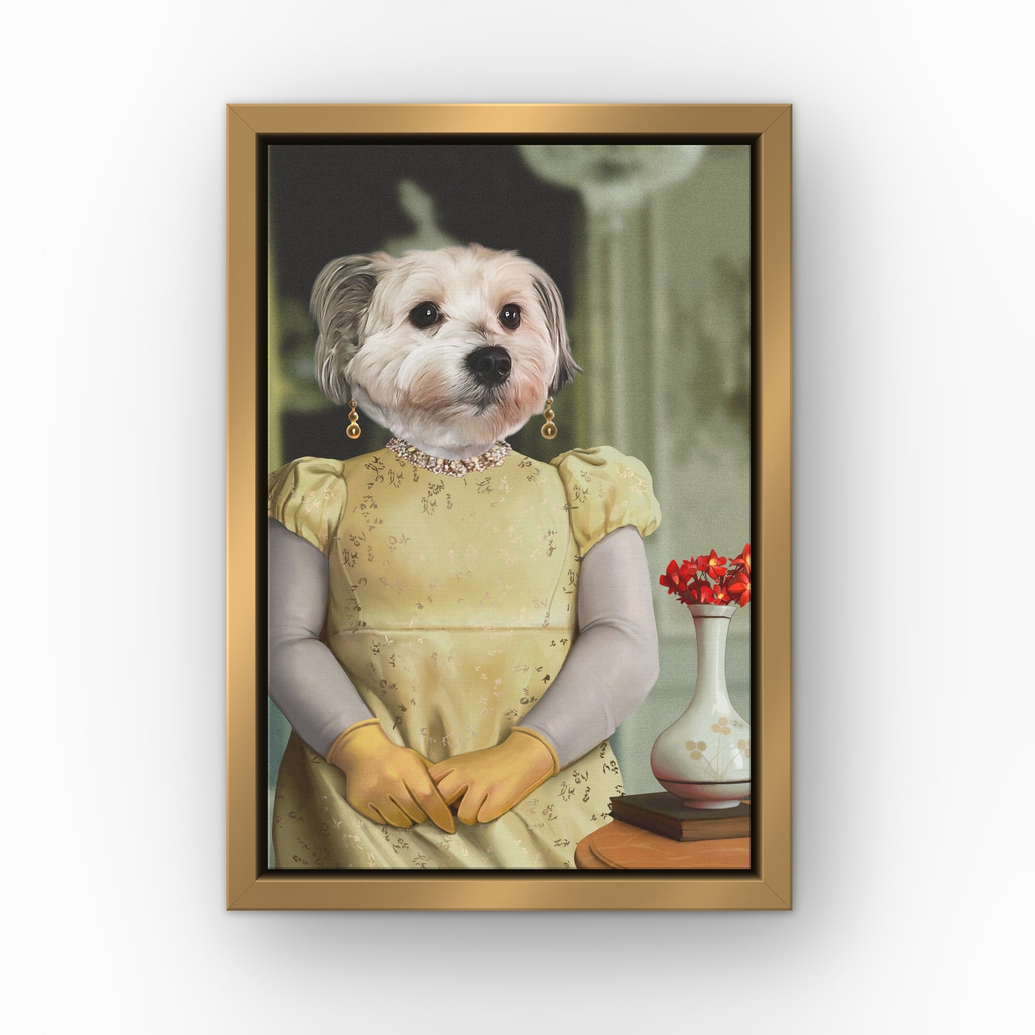 The Penelope custom pet canvas in a gold floating frame