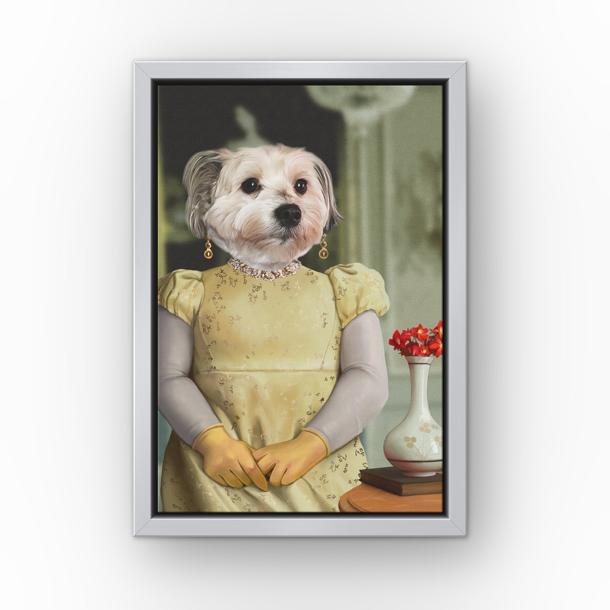 The Penelope custom pet canvas in a silver floating frame
