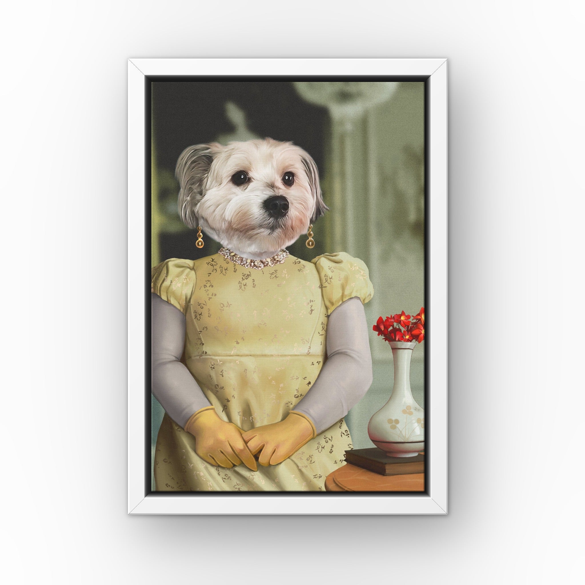 The Penelope custom pet canvas in a white floating frame