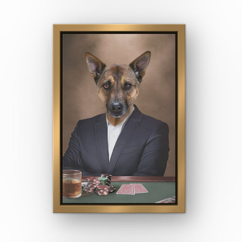 The Poker Player custom pet canvas in a gold floating frame