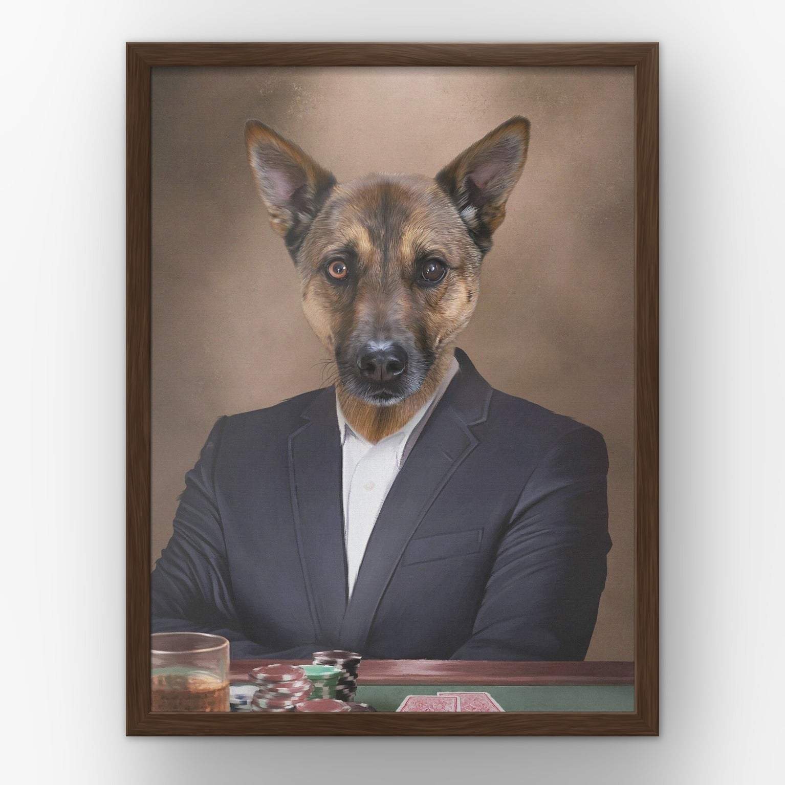 The Poker Player custom pet poster in a walnut frame
