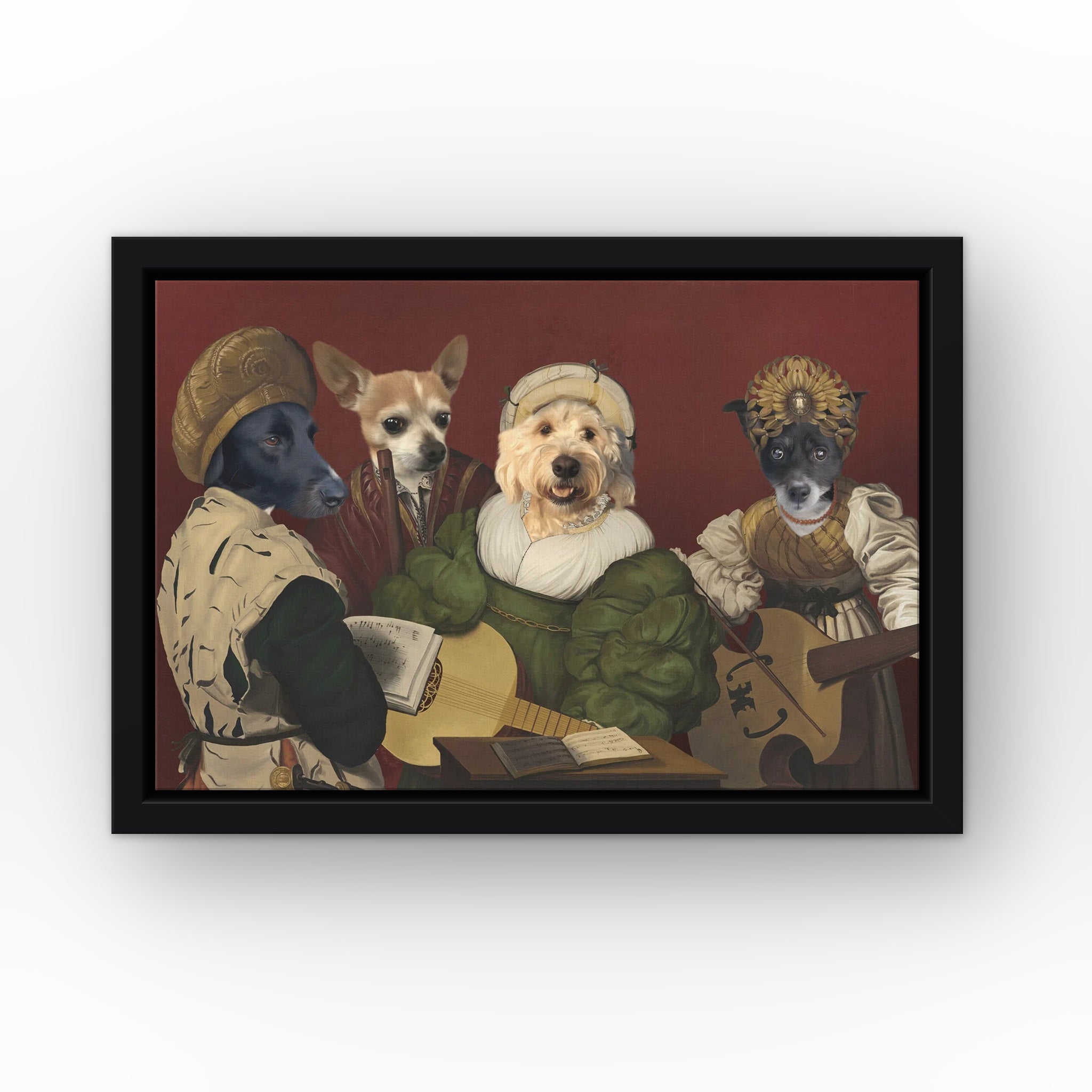 The Quartet custom pet canvas in a black floating frame