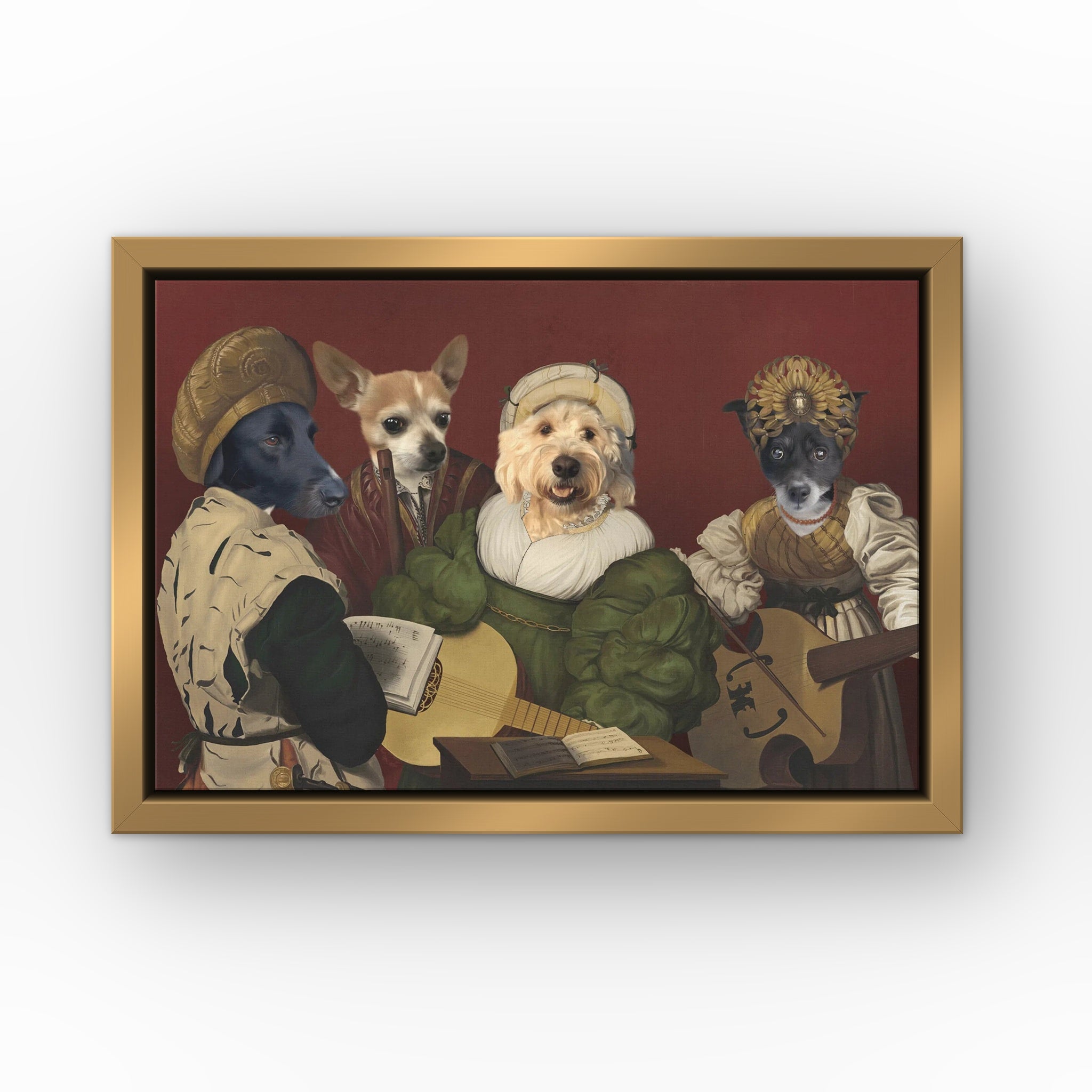 The Quartet custom pet canvas in a gold floating frame