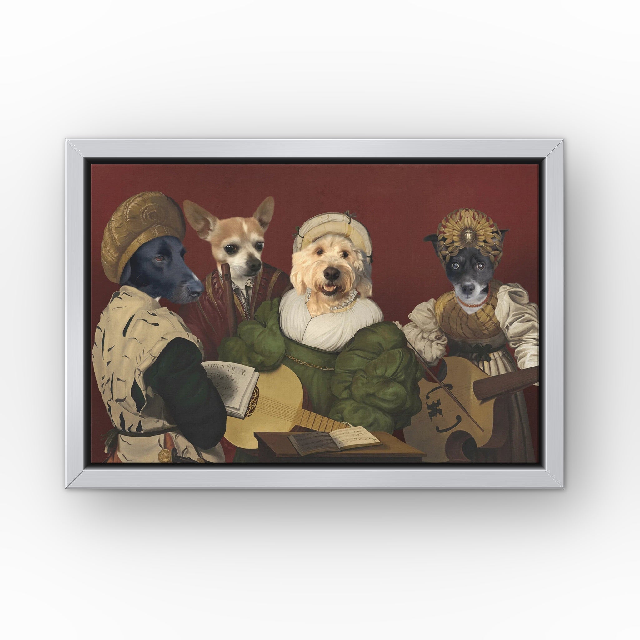 The Quartet custom pet canvas in a silver floating frame