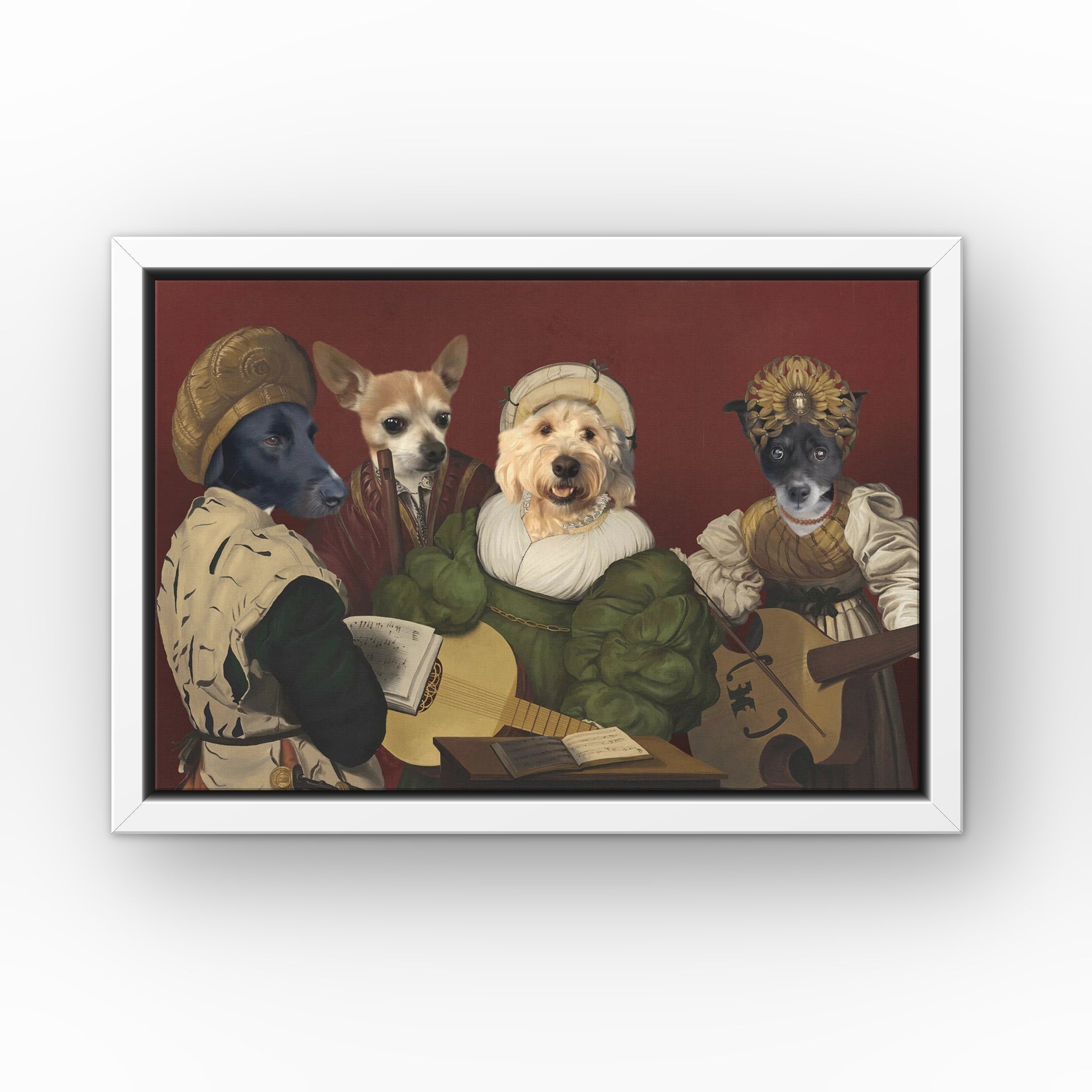The Quartet custom pet canvas in a white floating frame
