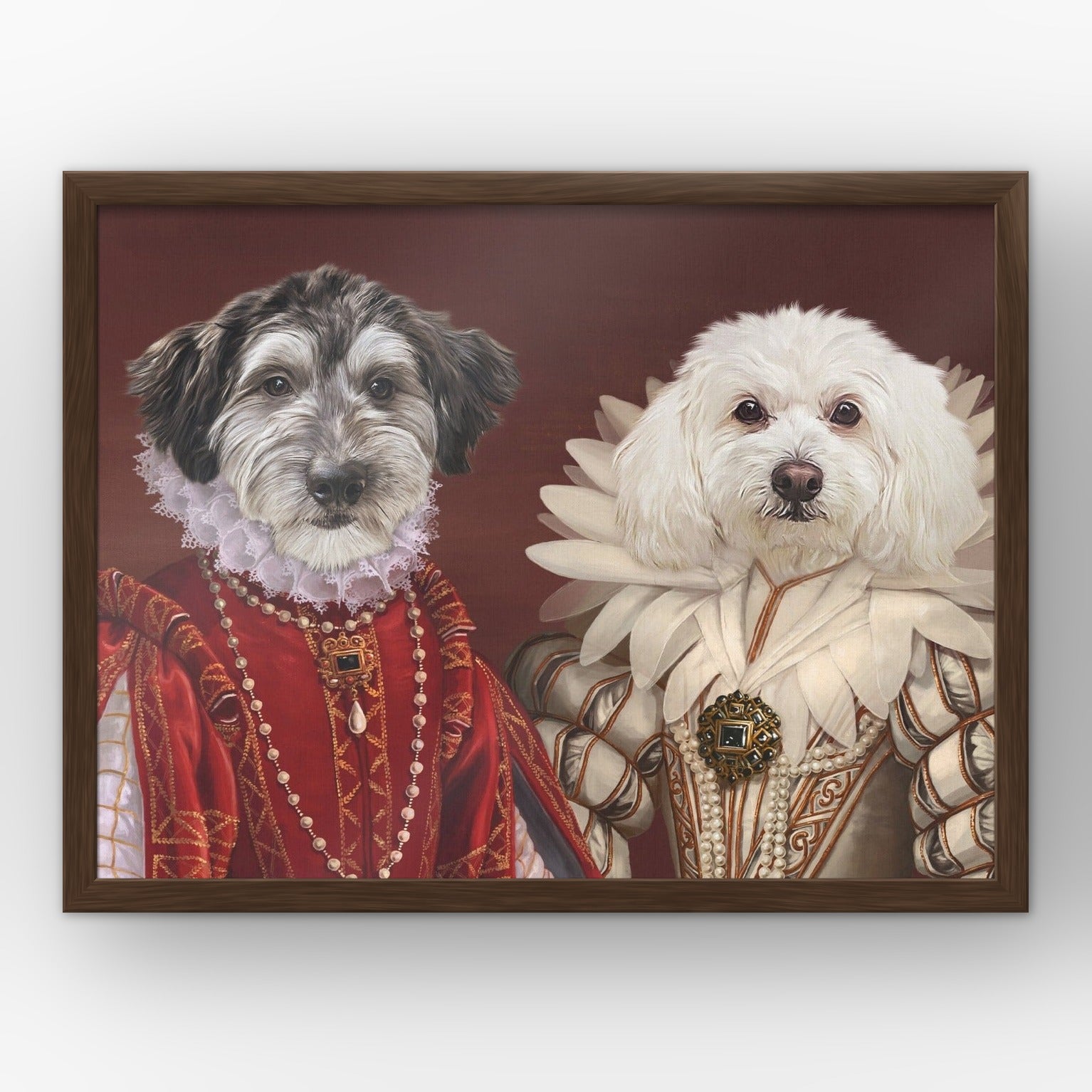 The Queen and Queen of Roses custom pet poster in a walnut frame