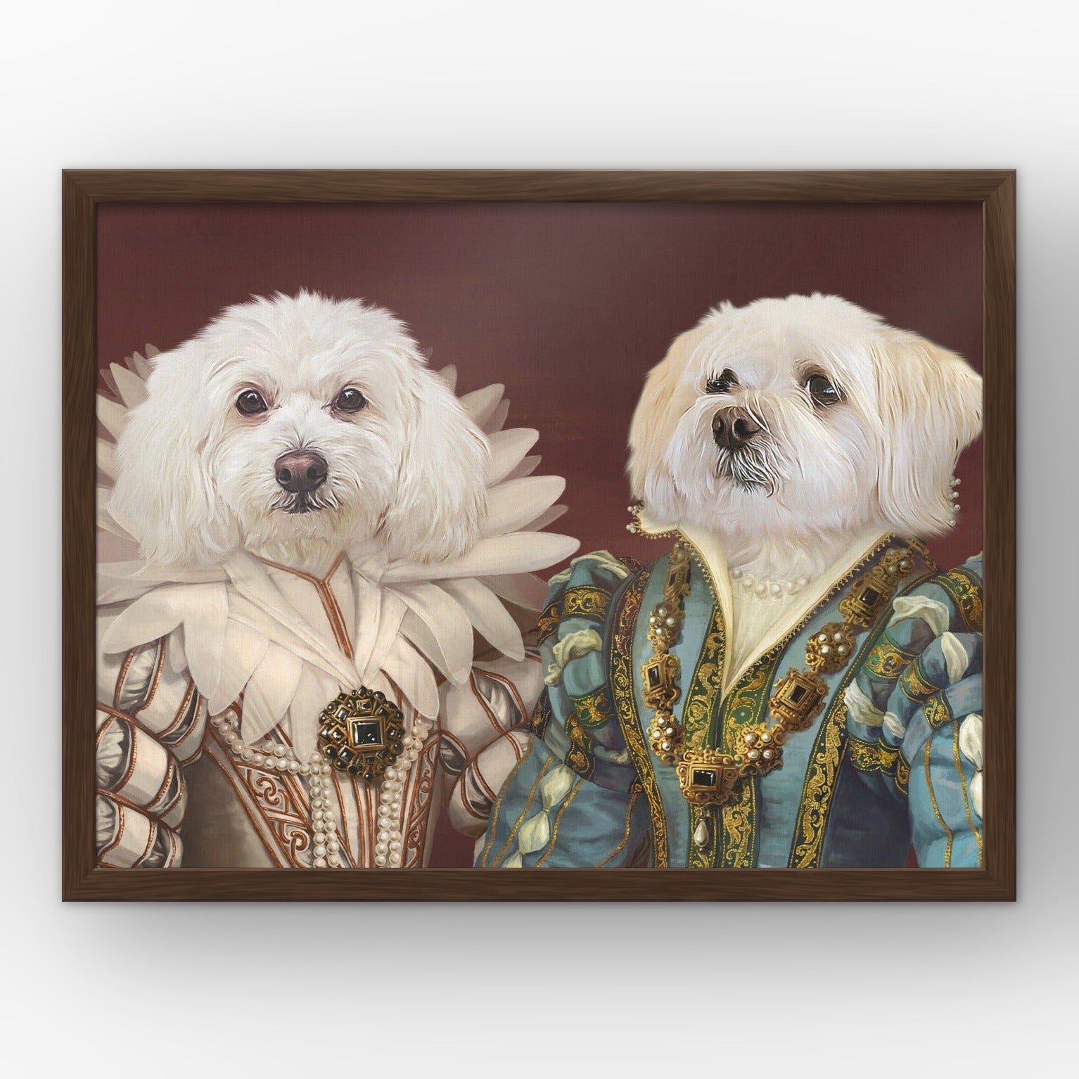The Queen and Sapphire Queen custom pet poster in a walnut frame