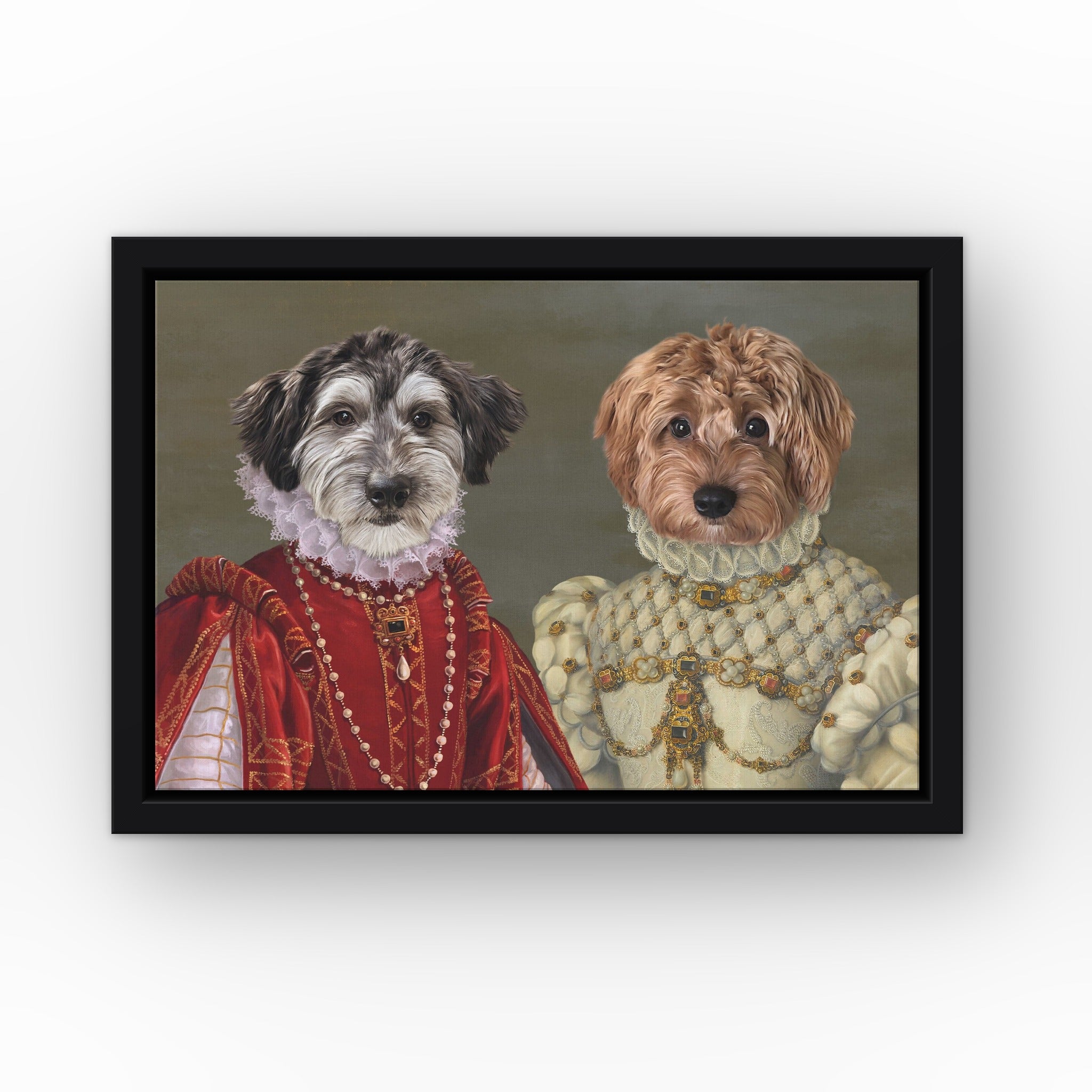 The Queen of Roses and Princess custom pet canvas in a black floating frame
