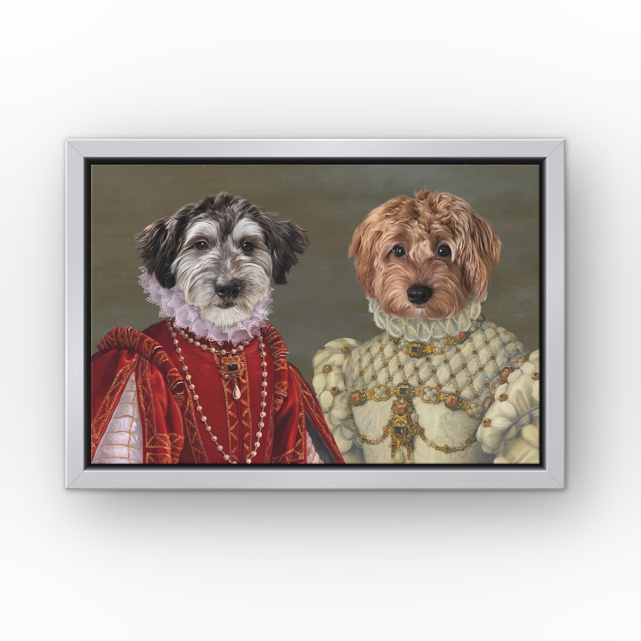The Queen of Roses and Princess custom pet canvas in a silver floating frame