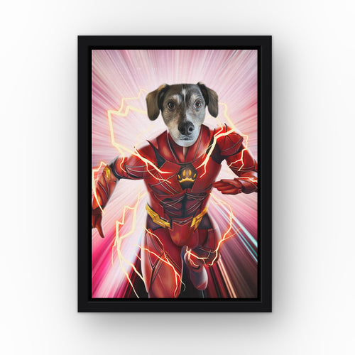 The Quick Hero custom pet canvas in a black floating frame