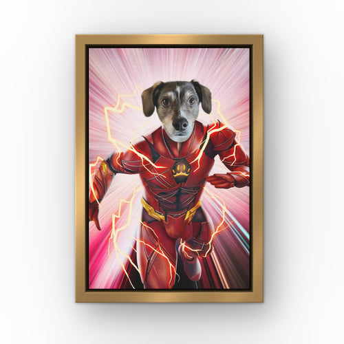 The Quick Hero custom pet canvas in a gold floating frame