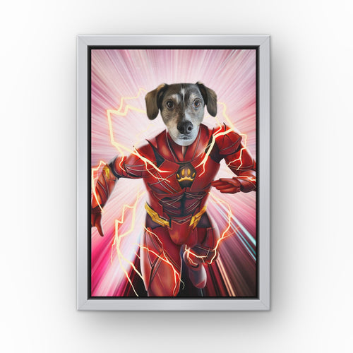 The Quick Hero custom pet canvas in a silver floating frame