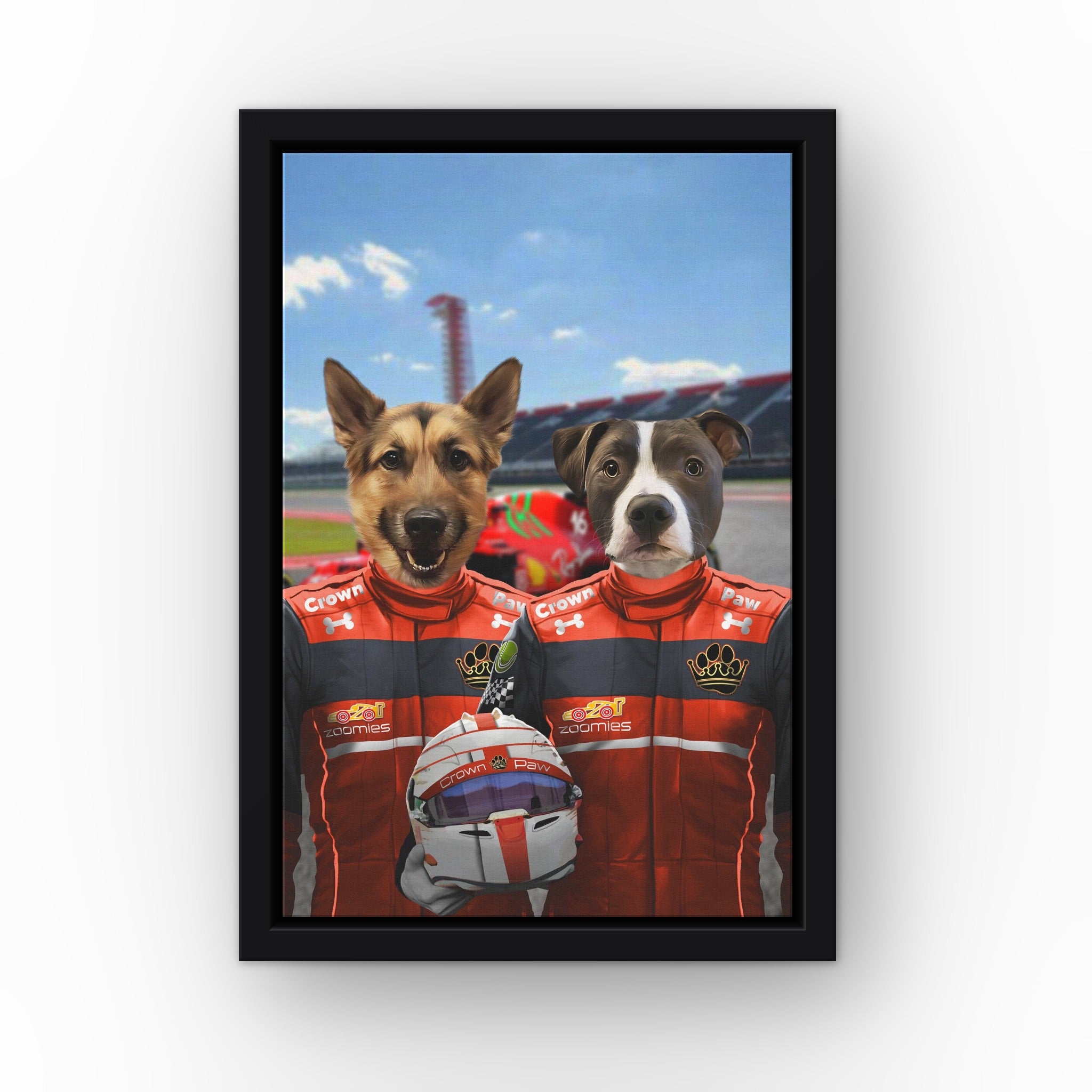 The Red Drivers custom pet canvas in a black floating frame