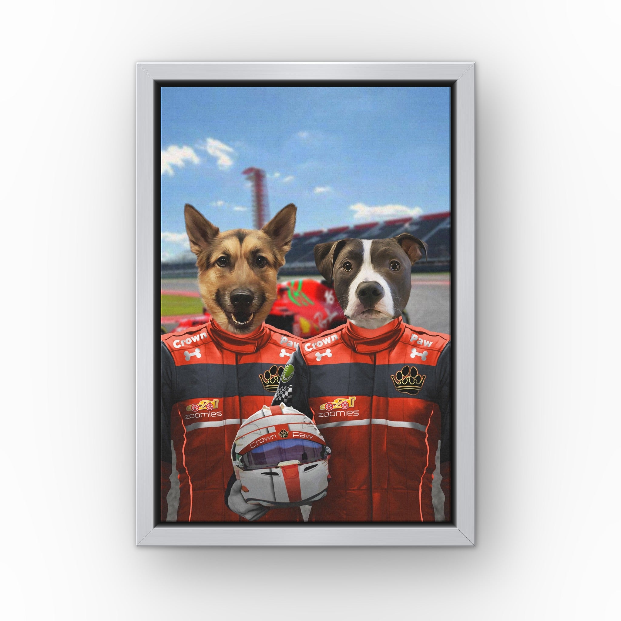 The Red Drivers custom pet canvas in a silver floating frame
