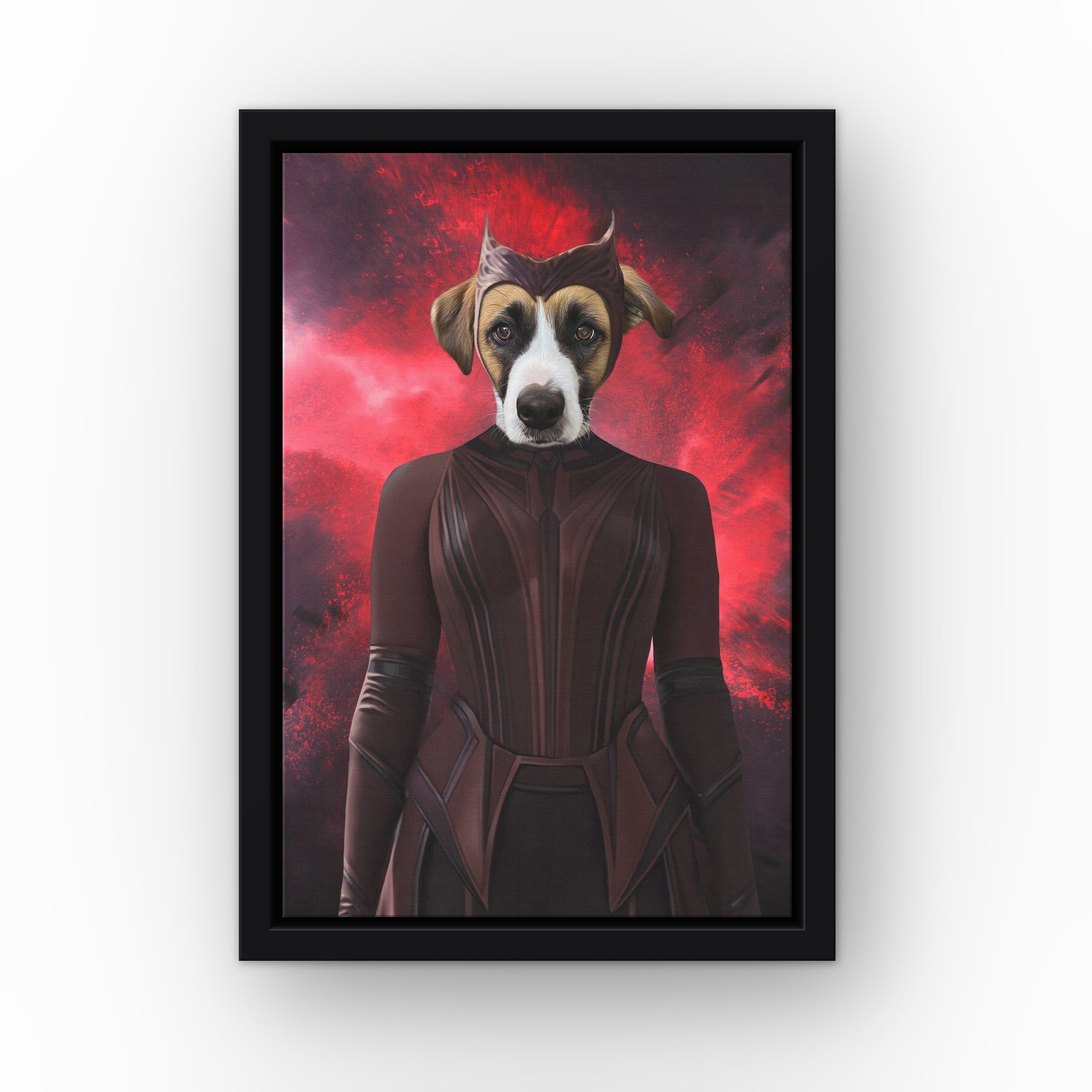 The Red Witch custom pet canvas in a black floating frame