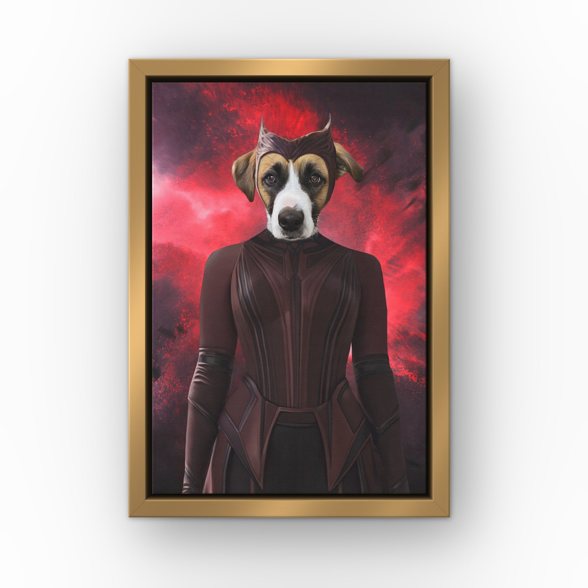 The Red Witch custom pet canvas in a gold floating frame