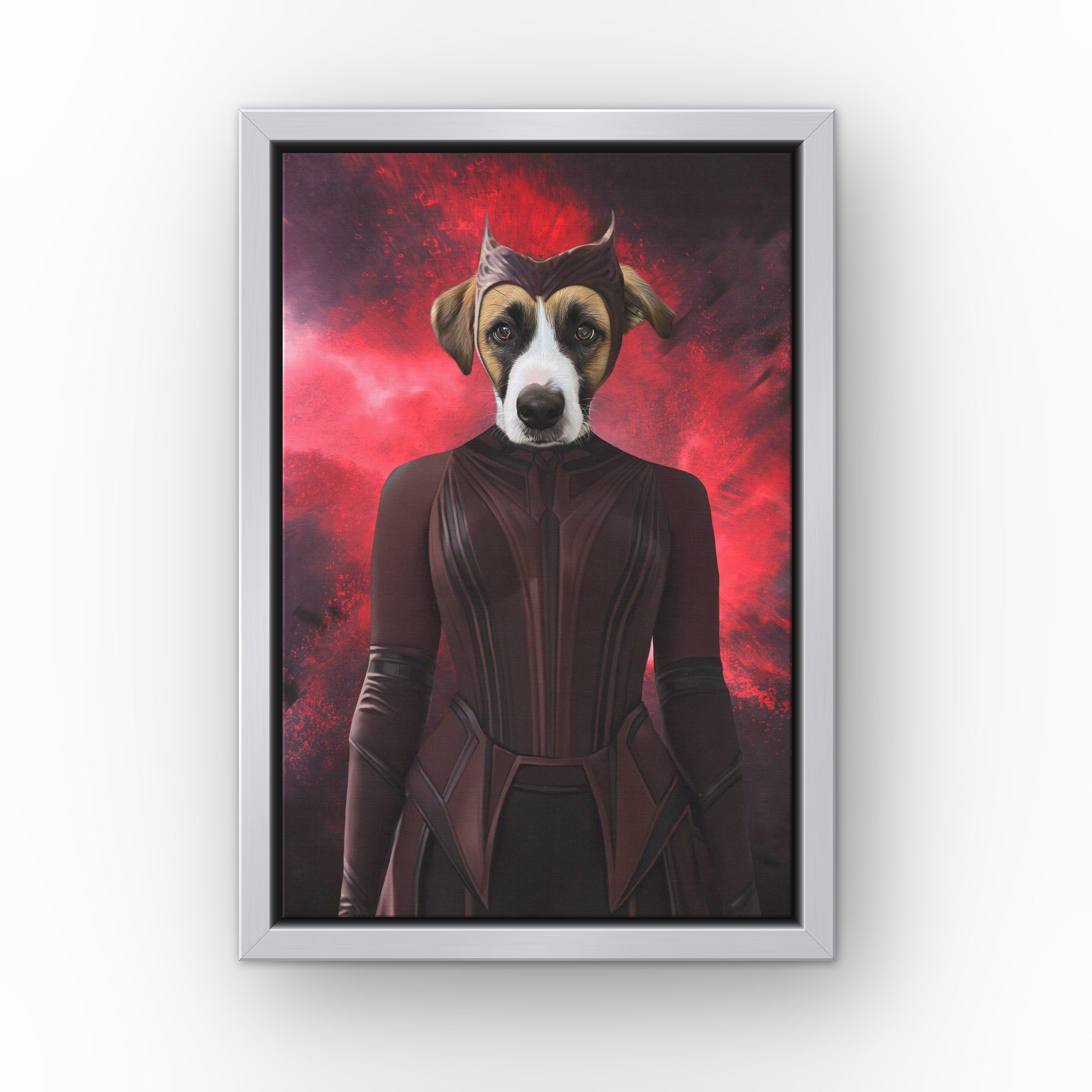 The Red Witch custom pet canvas in a silver floating frame