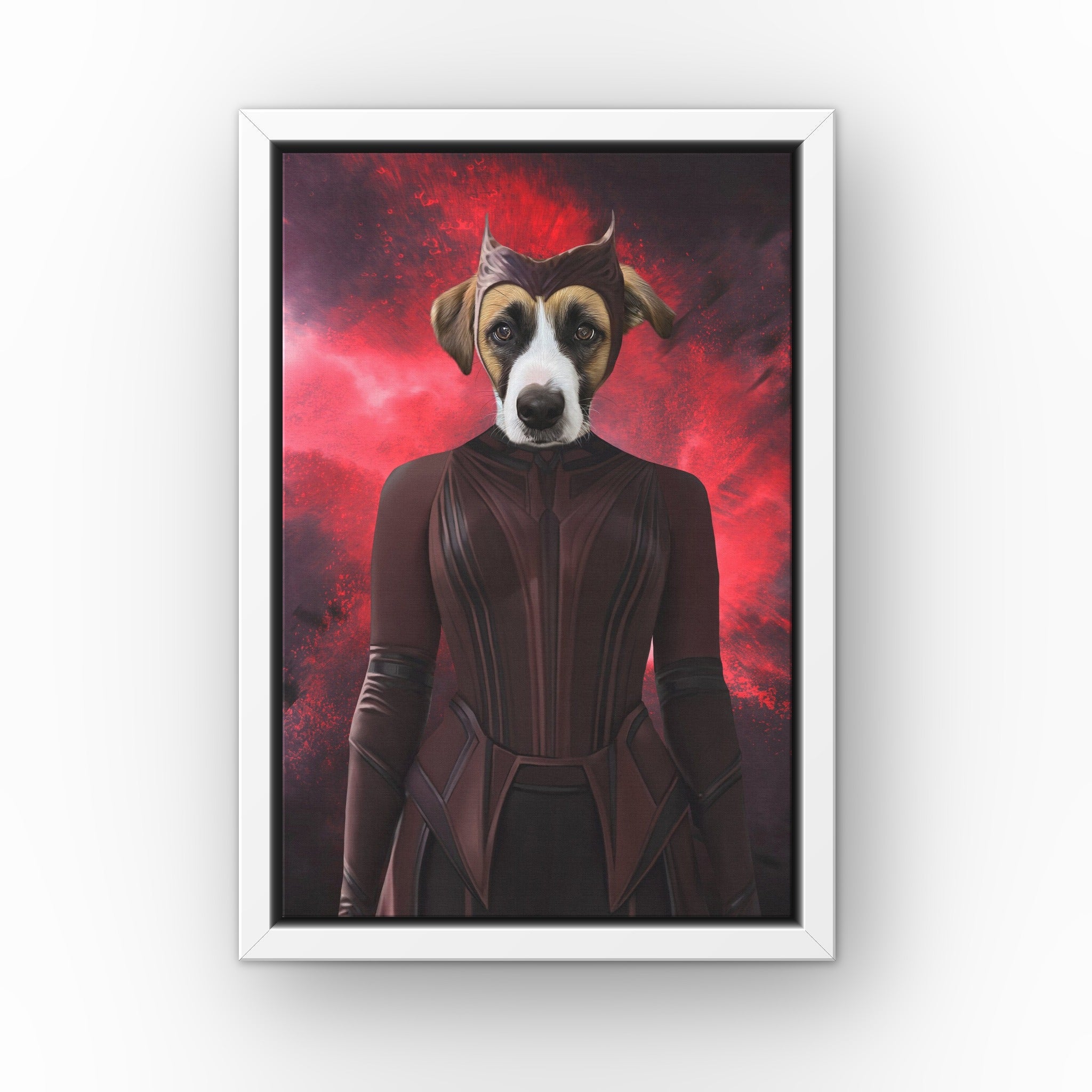 The Red Witch custom pet canvas in a white floating frame