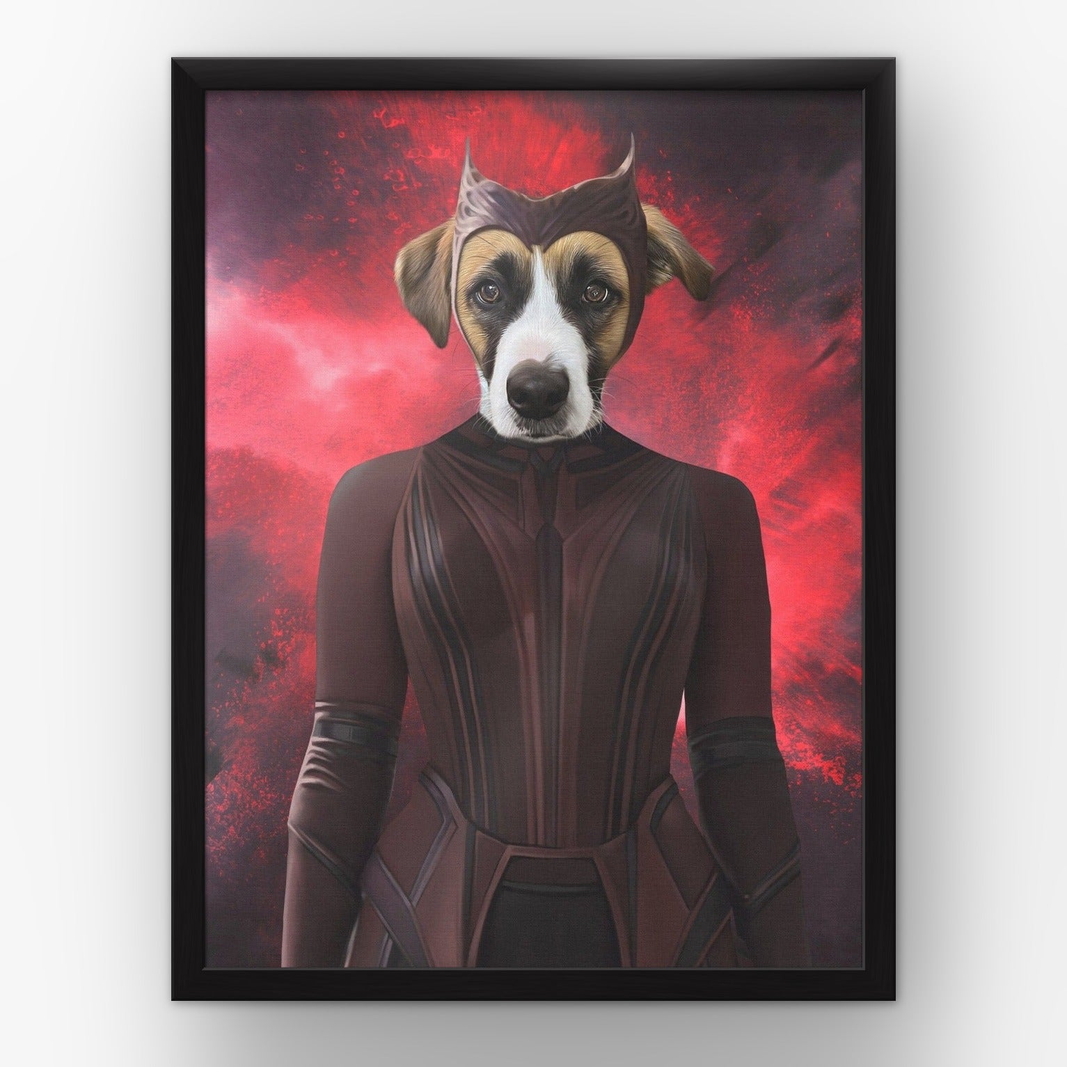 The Red Witch custom pet poster in a black frame