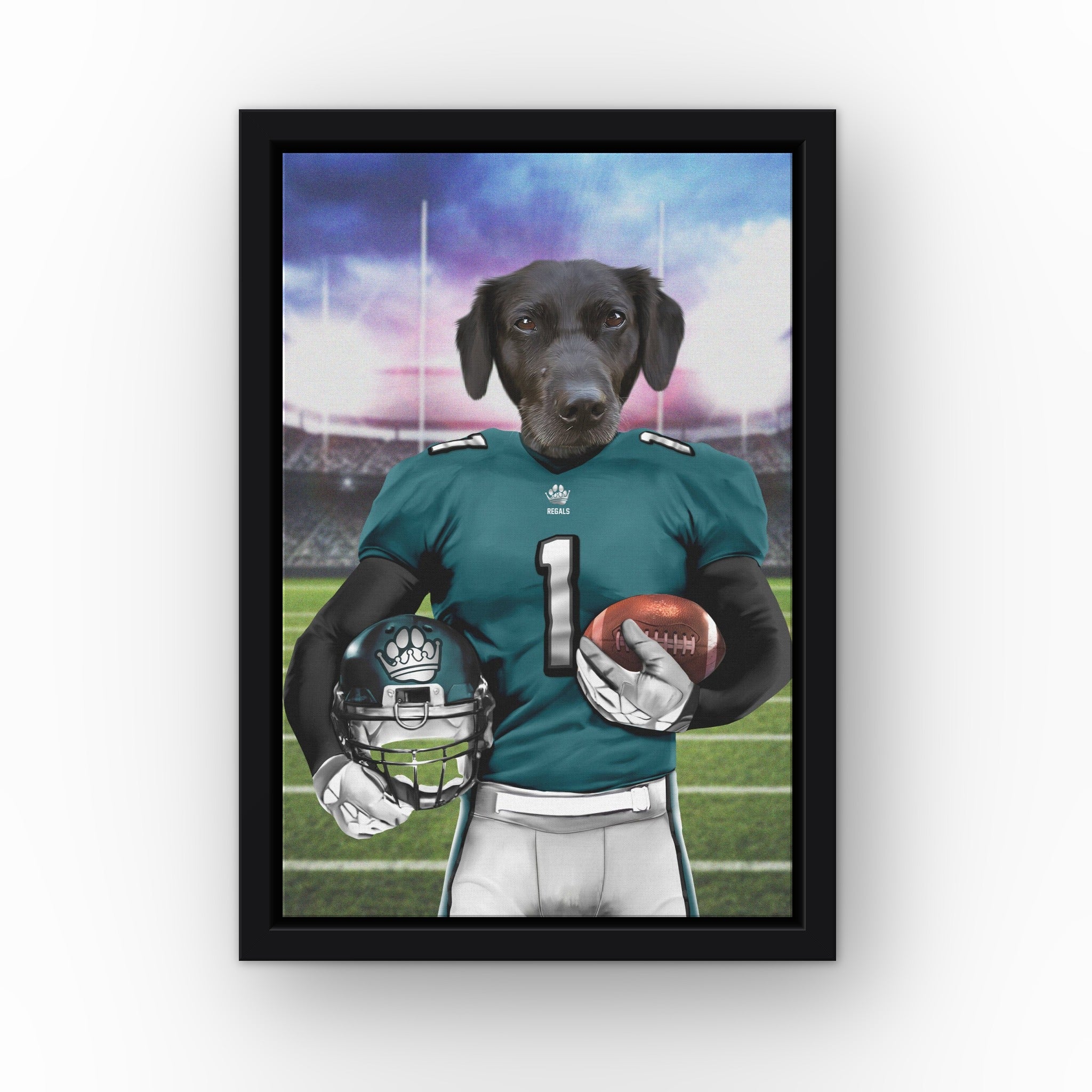 The Regals custom pet canvas in a black floating frame