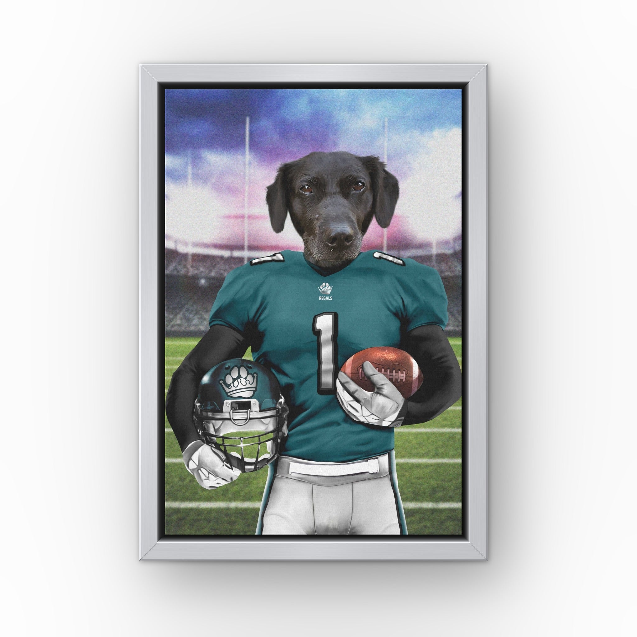 The Regals custom pet canvas in a silver floating frame