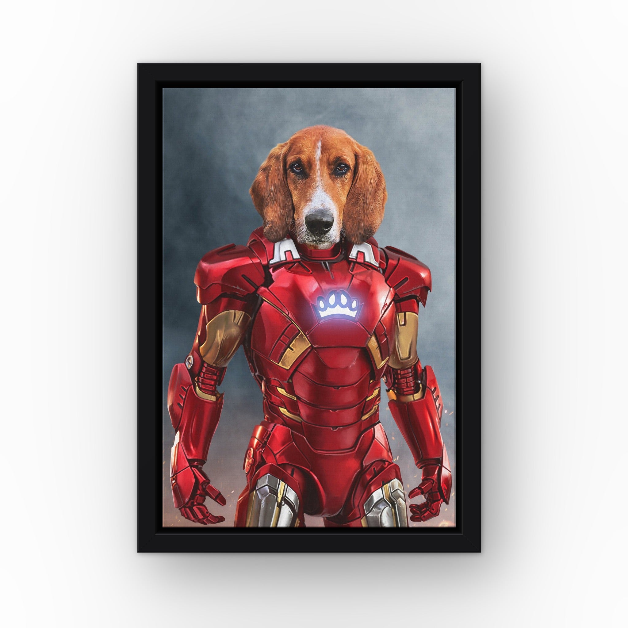 The Rich Hero custom pet canvas in a black floating frame