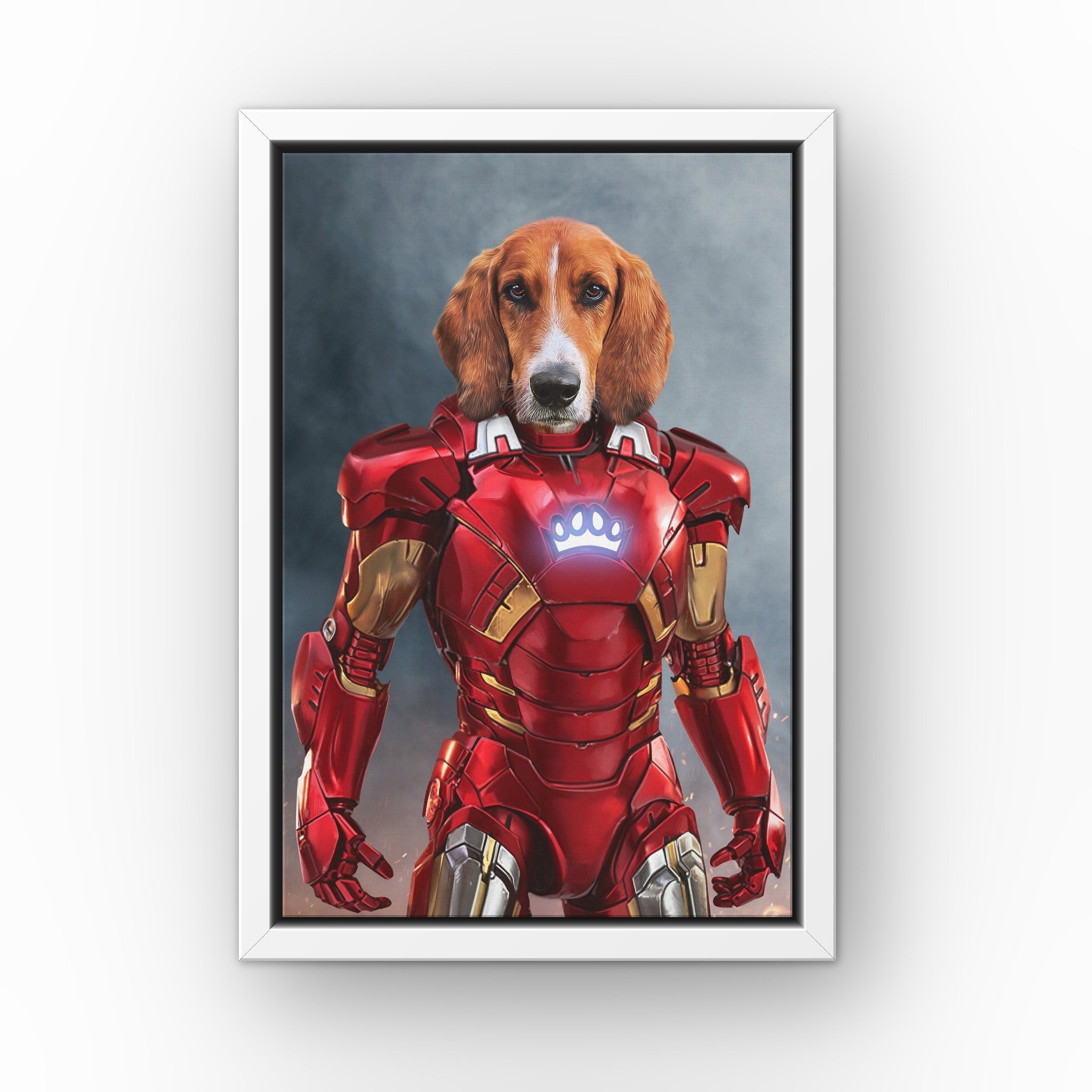 The Rich Hero custom pet canvas in a white floating frame