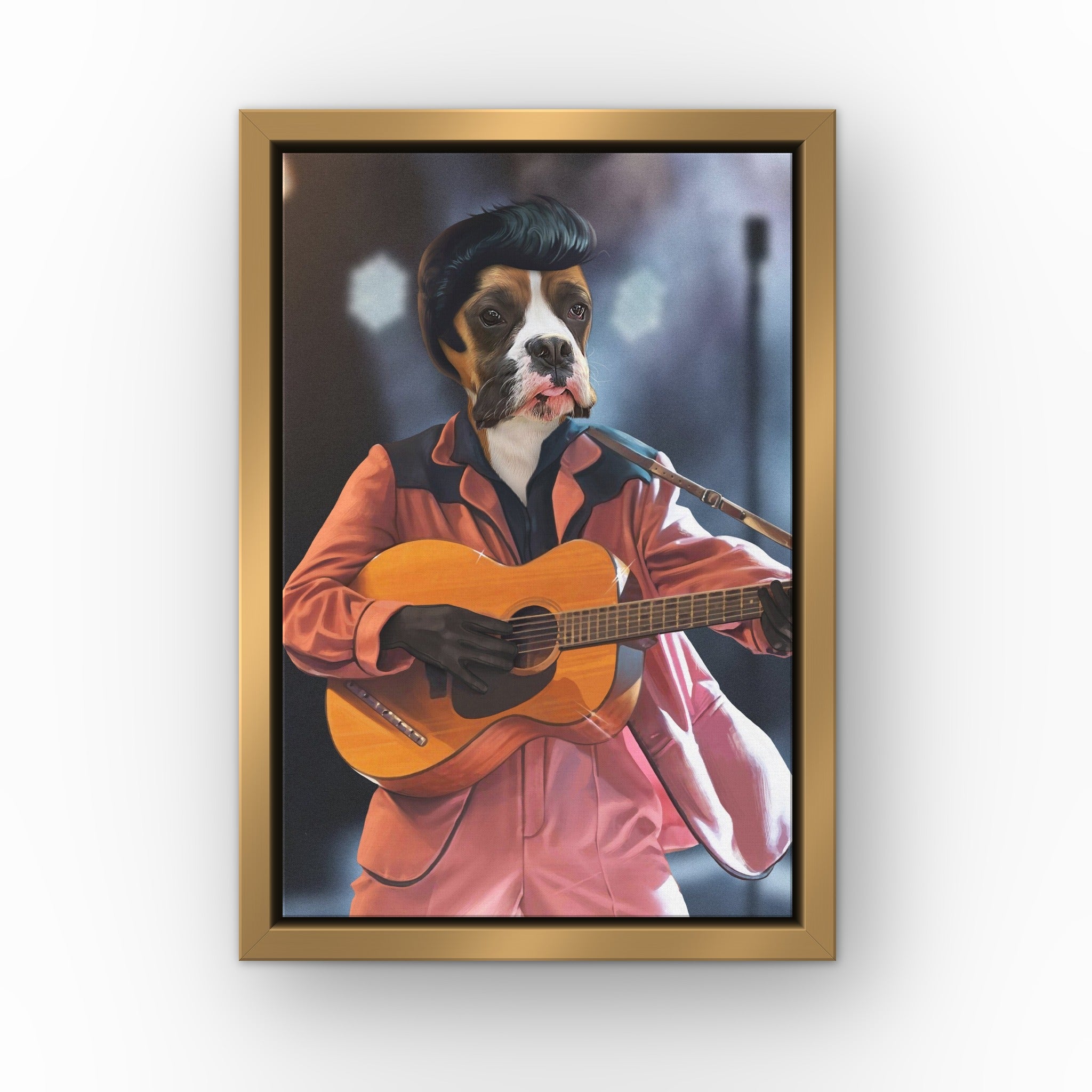 The Rock and Roll King custom pet canvas in a gold floating frame