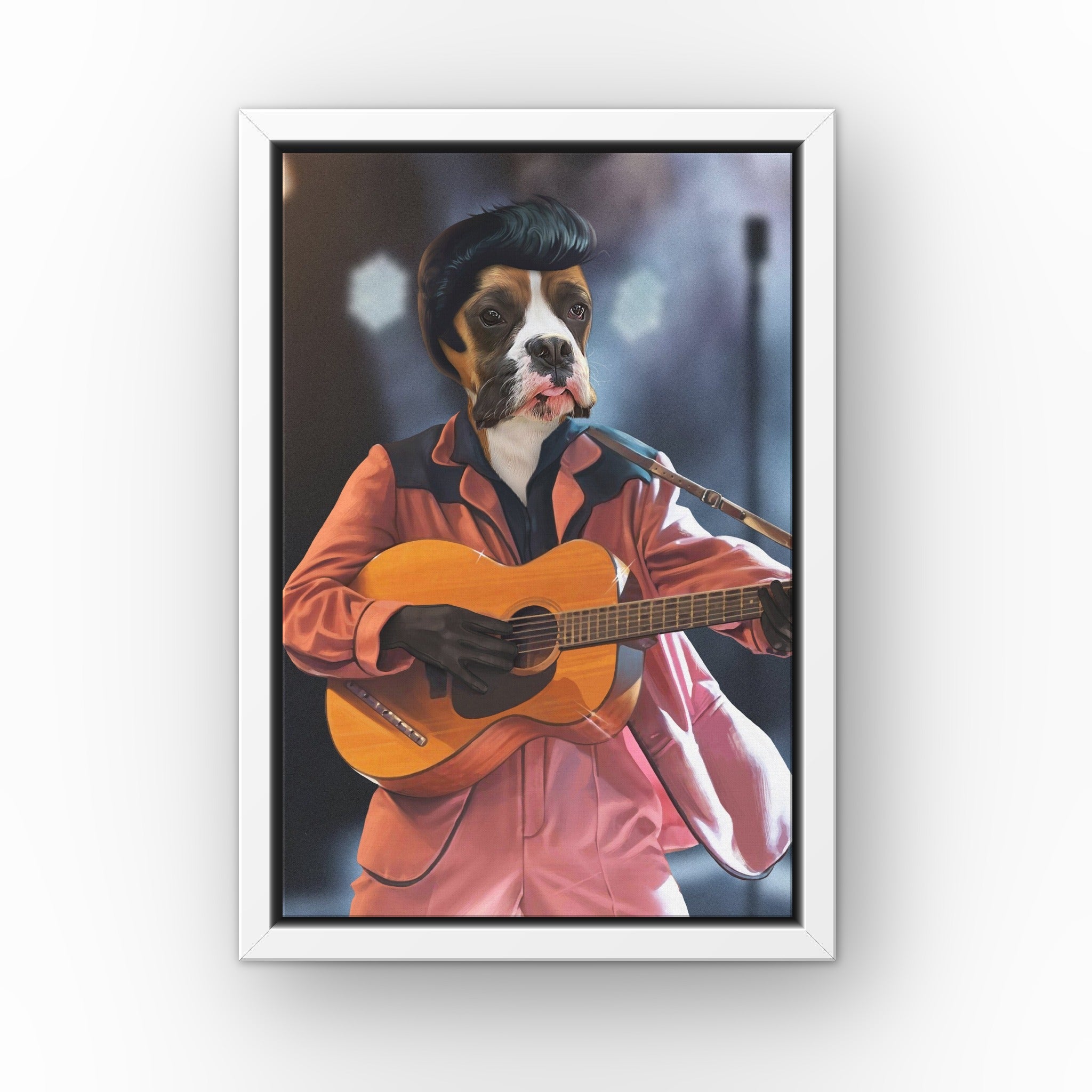 The Rock and Roll King custom pet canvas in a white floating frame