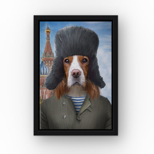 The Russian custom pet canvas in a black floating frame