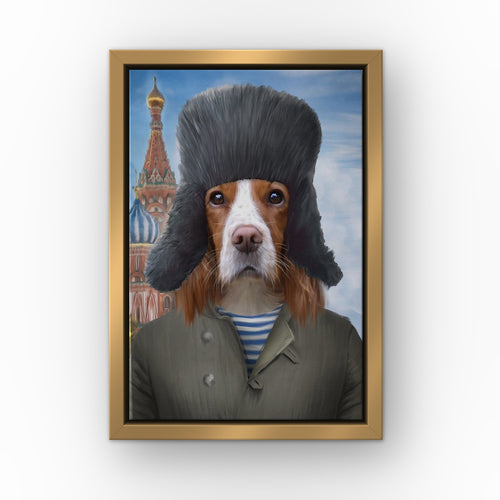 The Russian custom pet canvas in a gold floating frame