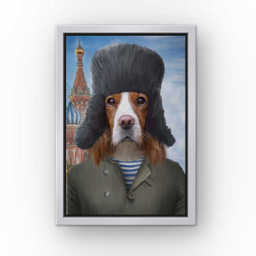 The Russian custom pet canvas in a silver floating frame