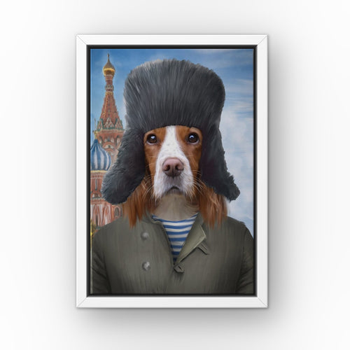 The Russian custom pet canvas in a white floating frame